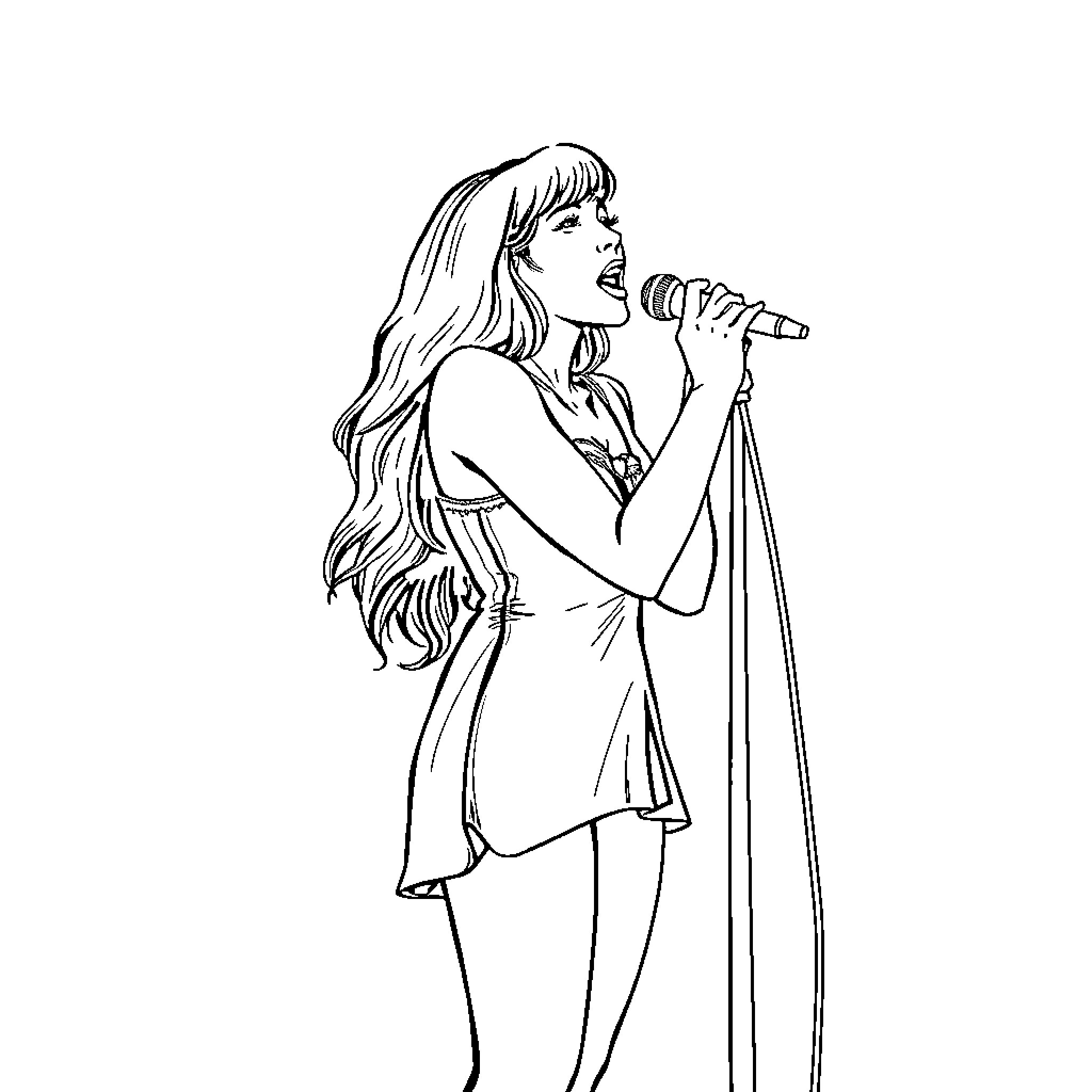 Aitana performing on stage with microphone Coloring Page (free black-and-white line drawing printable PDF for all, from beginners to advanced learners, including children, teens, adults, and seniors)