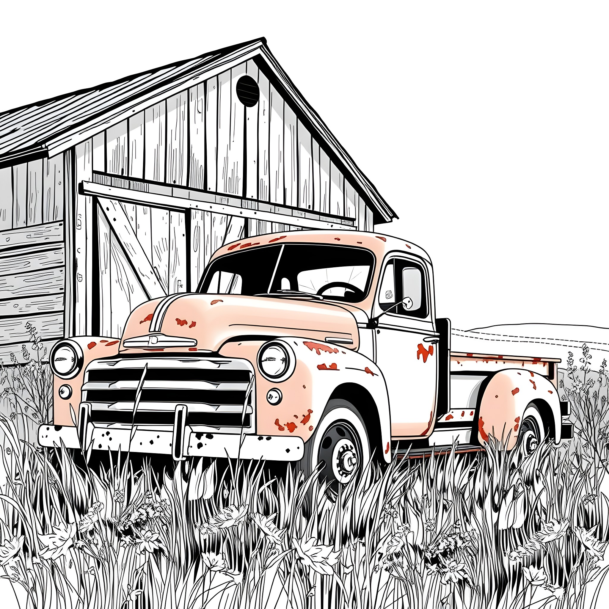Truck parked in front of old wooden barn Coloring Page (free black-and-white line drawing printable PDF for all, from beginners to advanced learners, including children, teens, adults, and seniors)