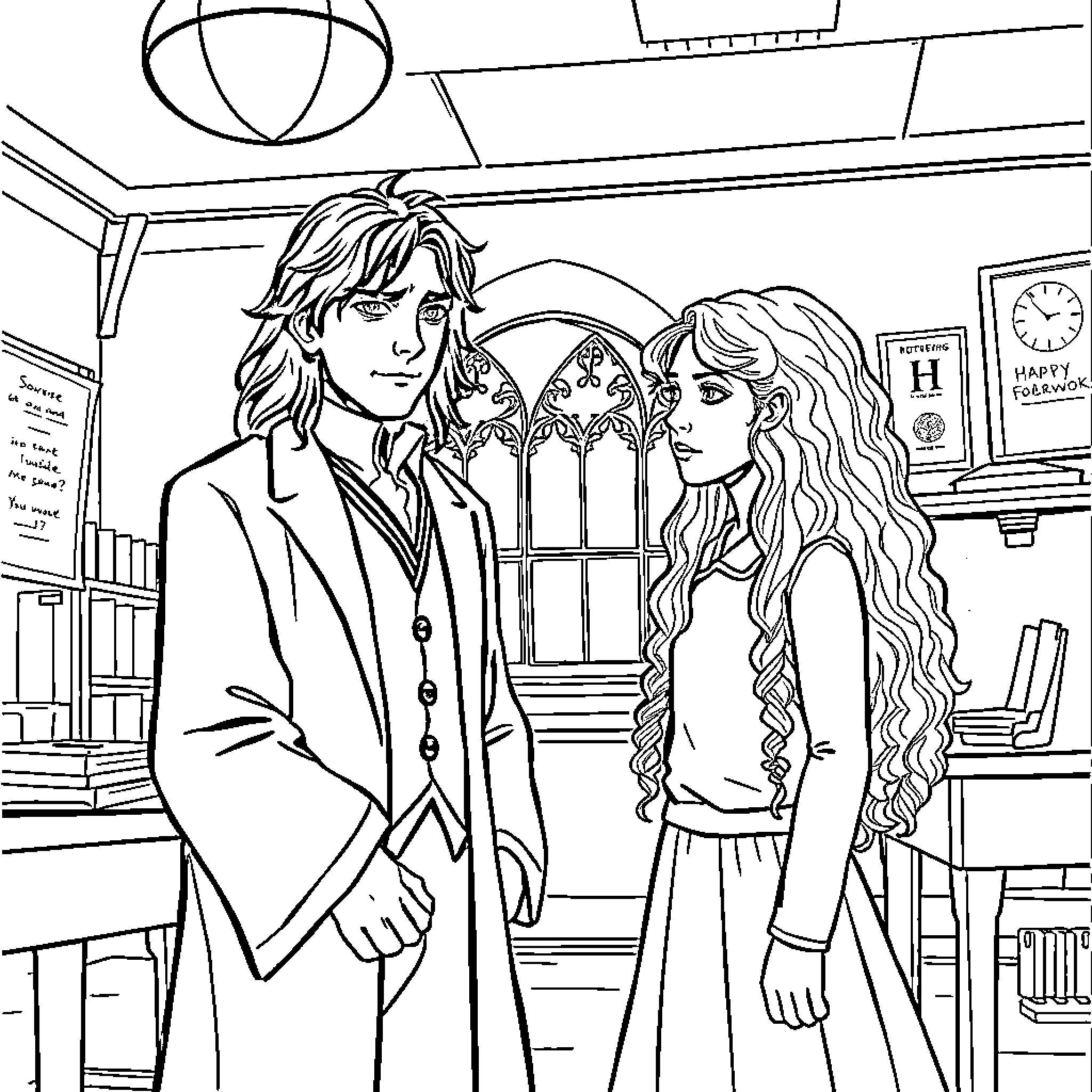 Severus Snape and Hermione Granger in a magical classroom Coloring Page (free black-and-white line drawing printable PDF for all, from beginners to advanced learners, including children, teens, adults, and seniors)