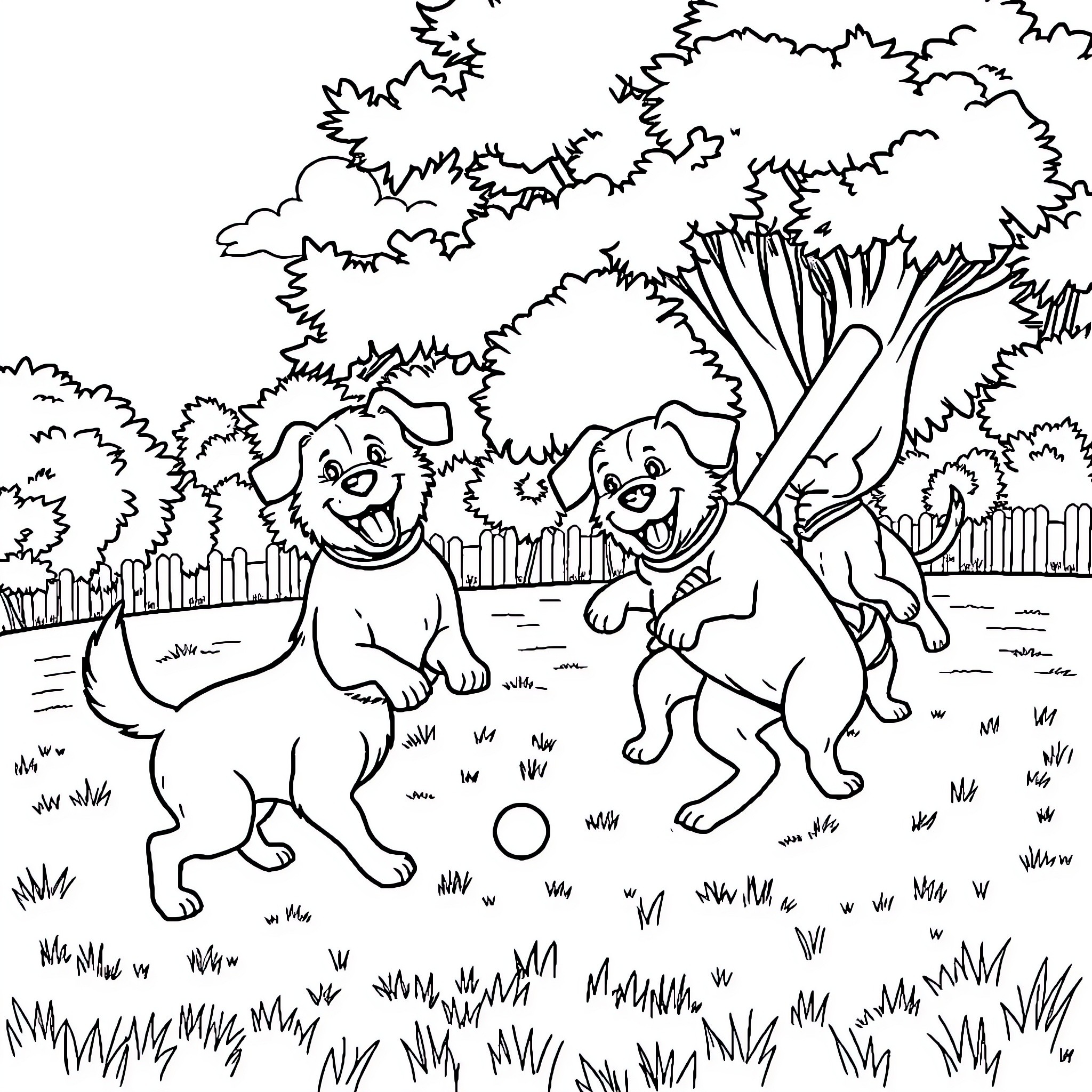 Dogs playing joyfully in a grassy backyard Coloring Page (free black-and-white line drawing printable PDF for all, from beginners to advanced learners, including children, teens, adults, and seniors)