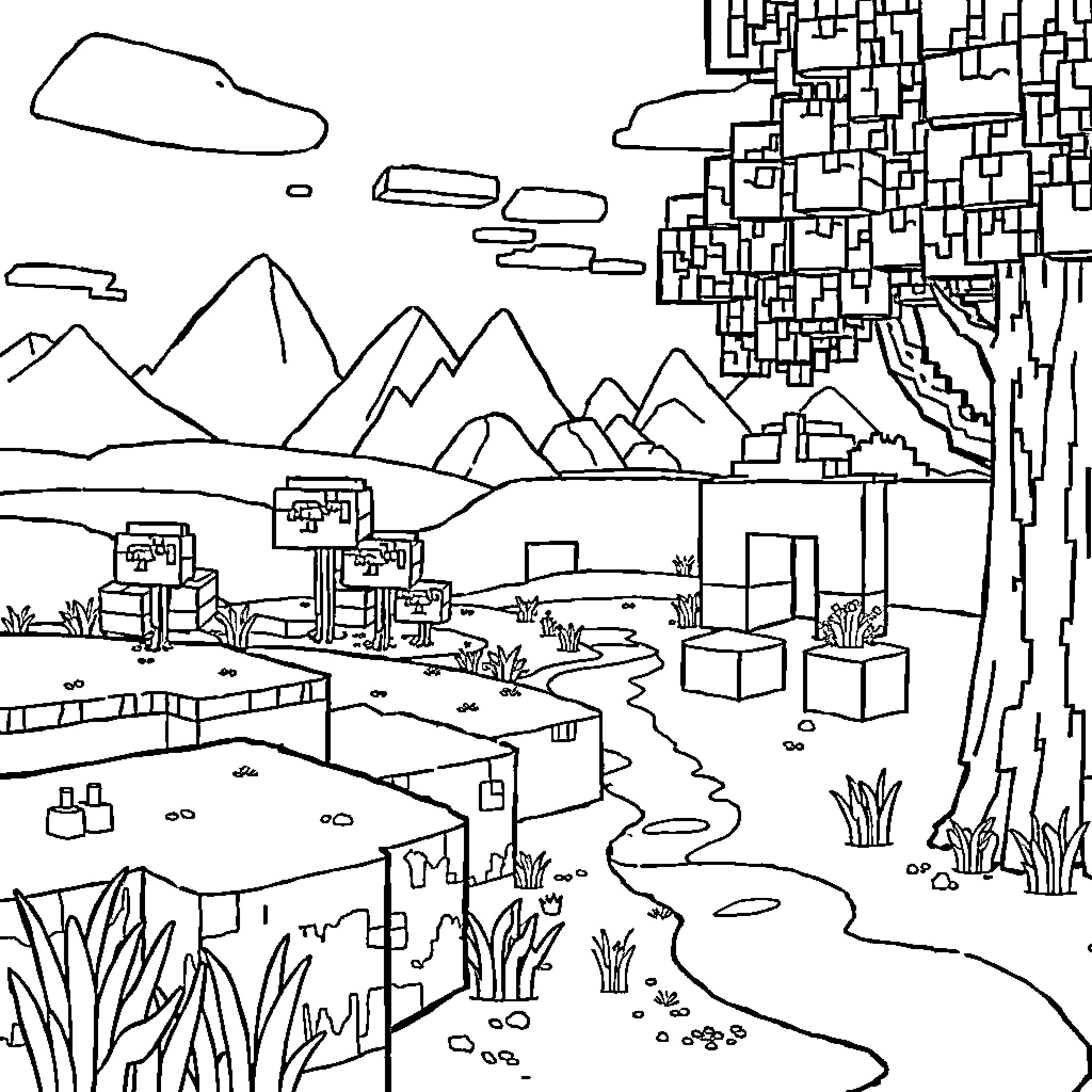 Minecraft Landscape with Mountains and Geometric Structures Coloring Page (free black-and-white line drawing printable PDF for all, from beginners to advanced learners, including children, teens, adults, and seniors)