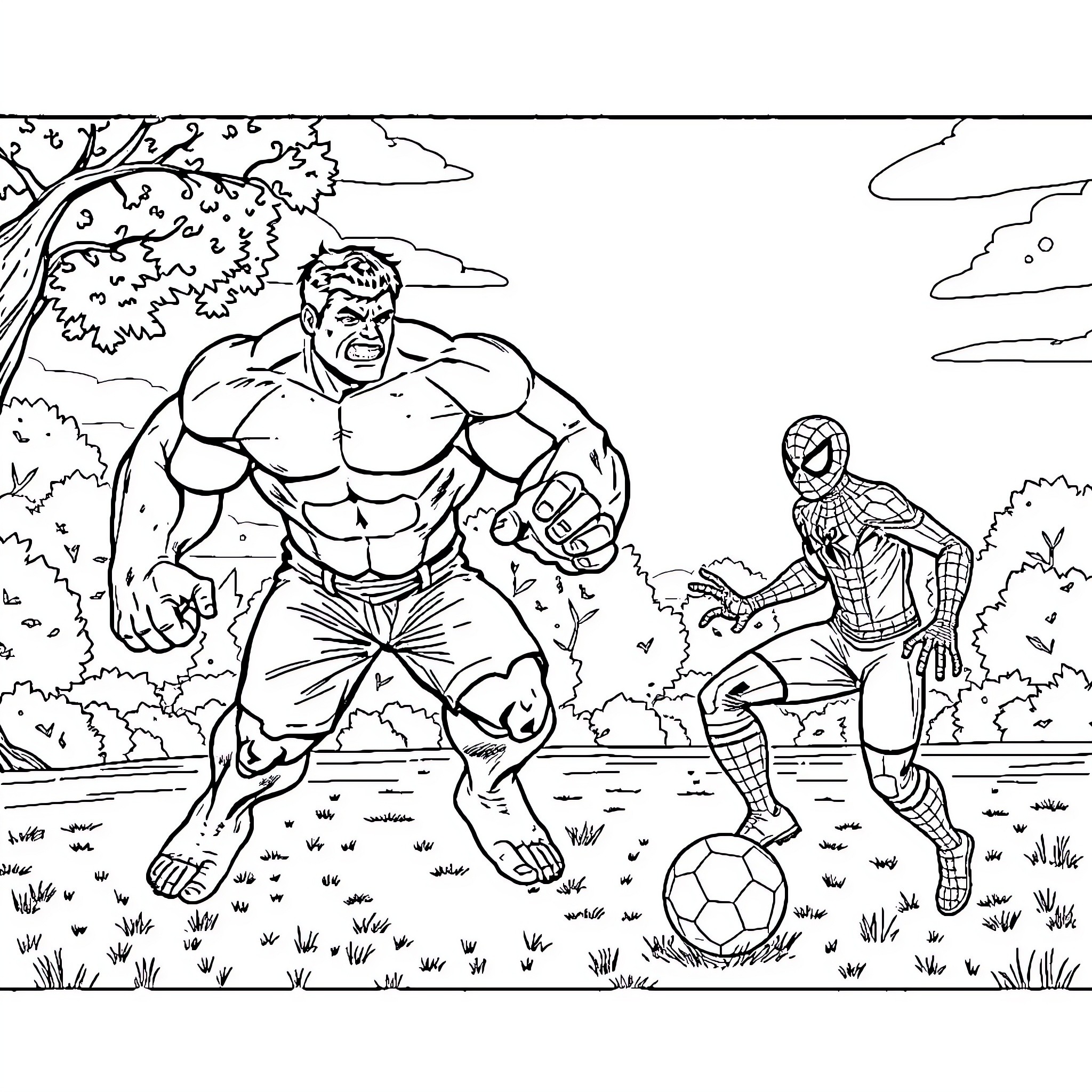 Hulk facing off with Spider-Man on the field Coloring Page (free black-and-white line drawing printable PDF for all, from beginners to advanced learners, including children, teens, adults, and seniors)