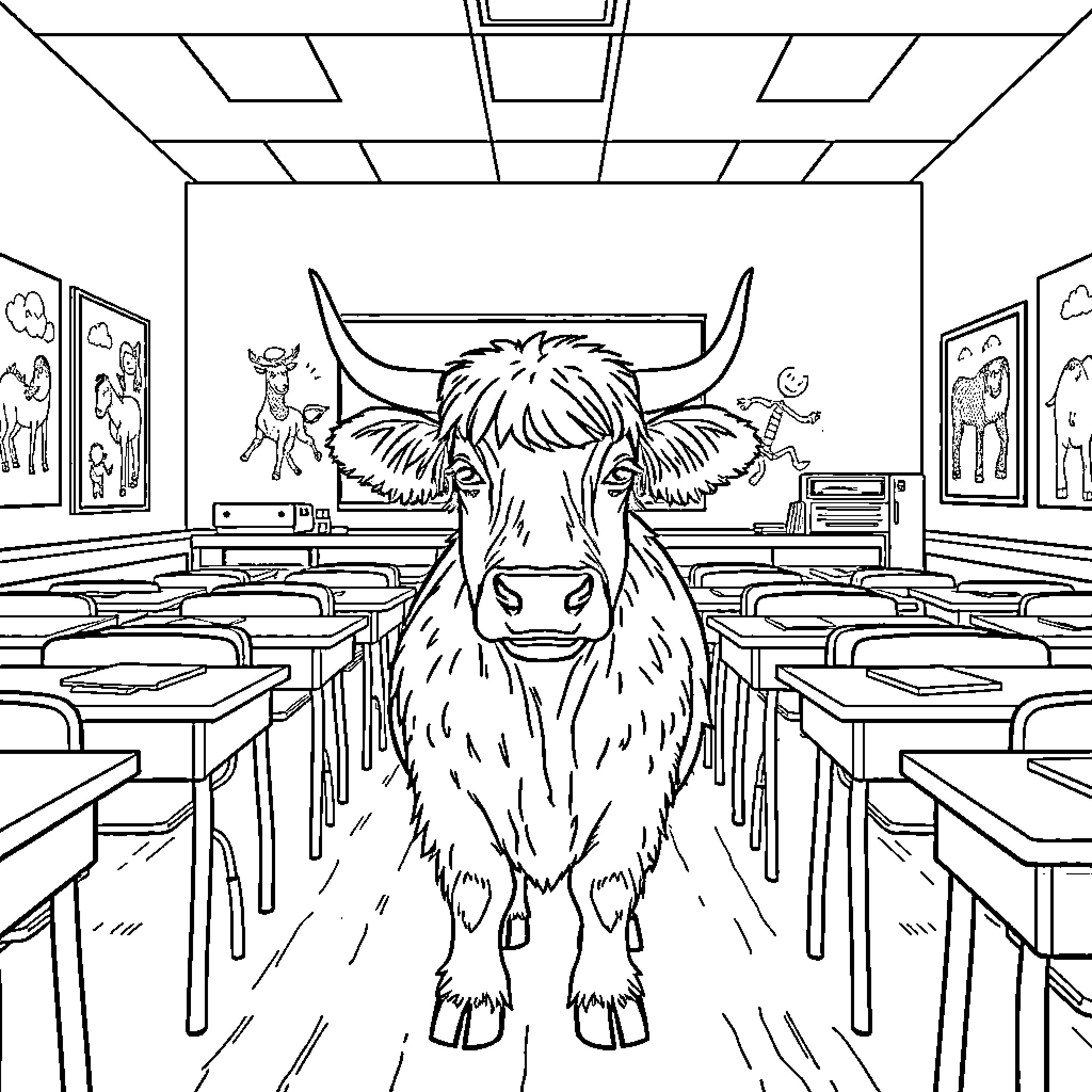 Highland Cow exploring an empty classroom Coloring Page (free black-and-white line drawing printable PDF for all, from beginners to advanced learners, including children, teens, adults, and seniors)