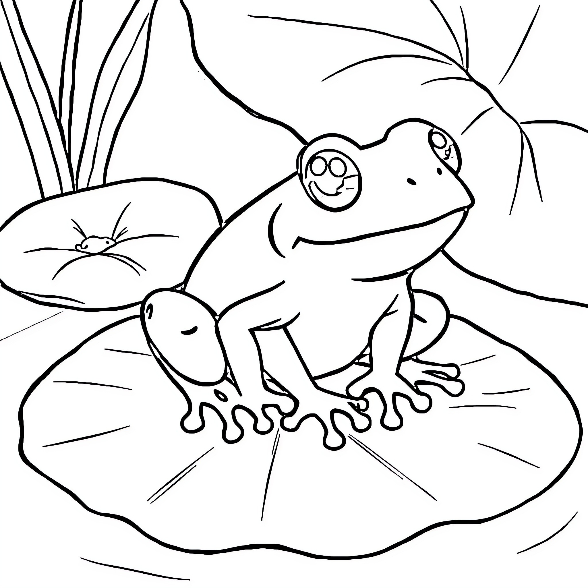 Frog enjoying a lily pad on the pond Coloring Page (free black-and-white line drawing printable PDF for all, from beginners to advanced learners, including children, teens, adults, and seniors)
