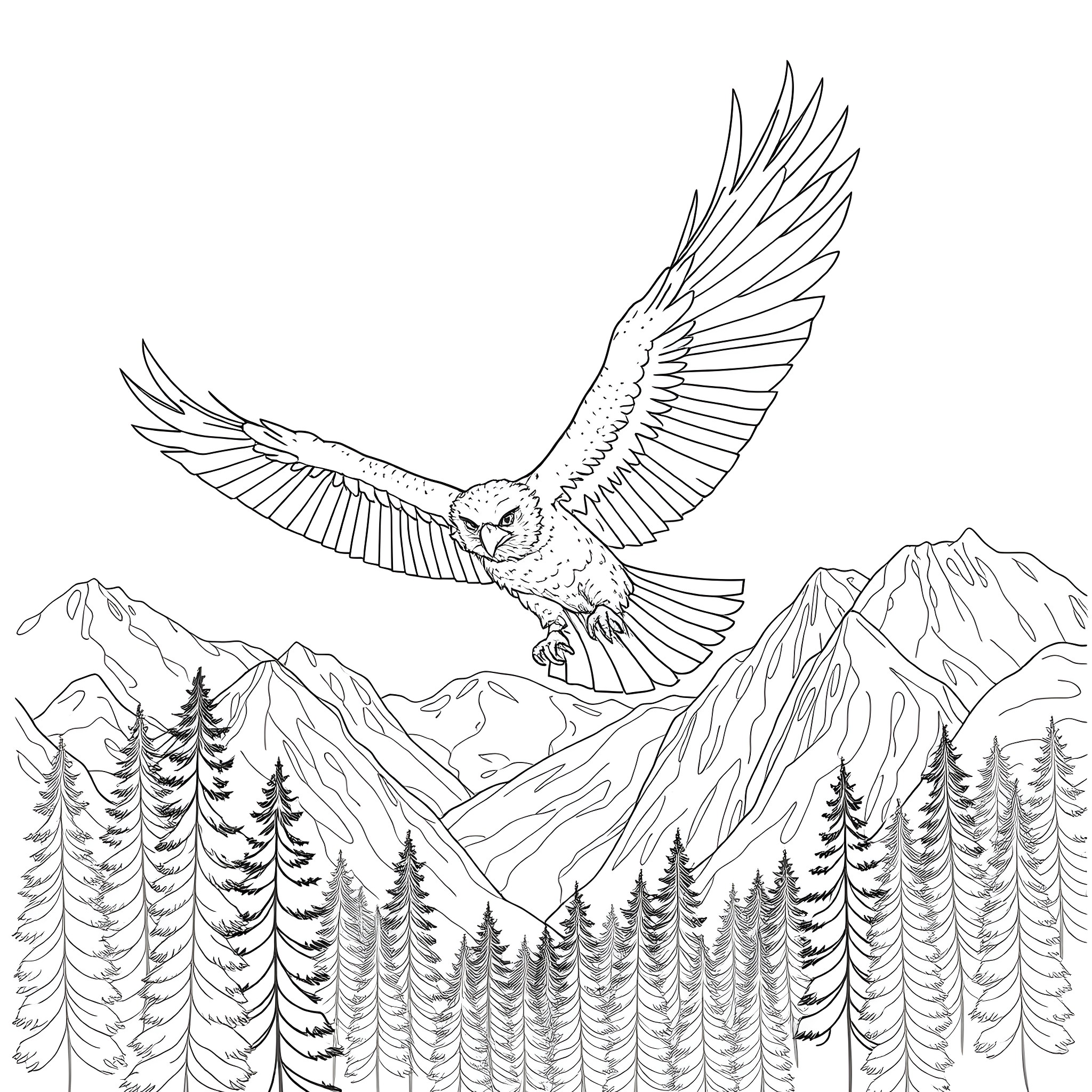 Eagle Soaring Over Mountainous Landscape Coloring Page (free black-and-white line drawing printable PDF for all, from beginners to advanced learners, including children, teens, adults, and seniors)