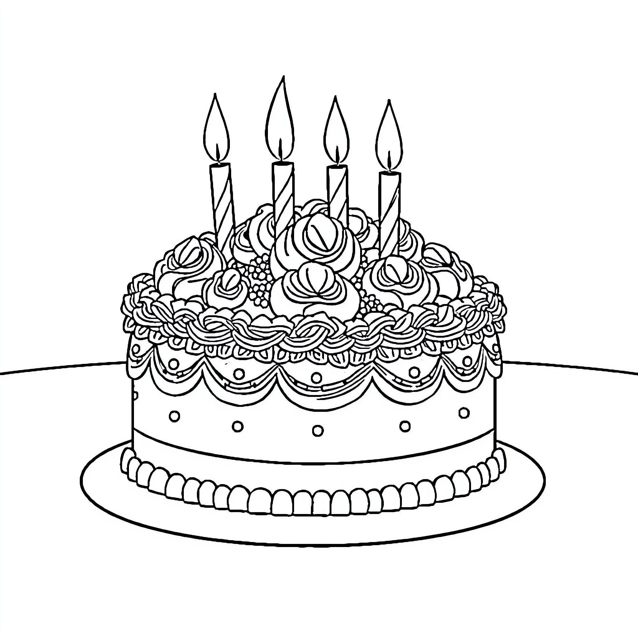 Birthday Cake with Elegant Floral Decoration Coloring Page (free black-and-white line drawing printable PDF for all, from beginners to advanced learners, including children, teens, adults, and seniors)