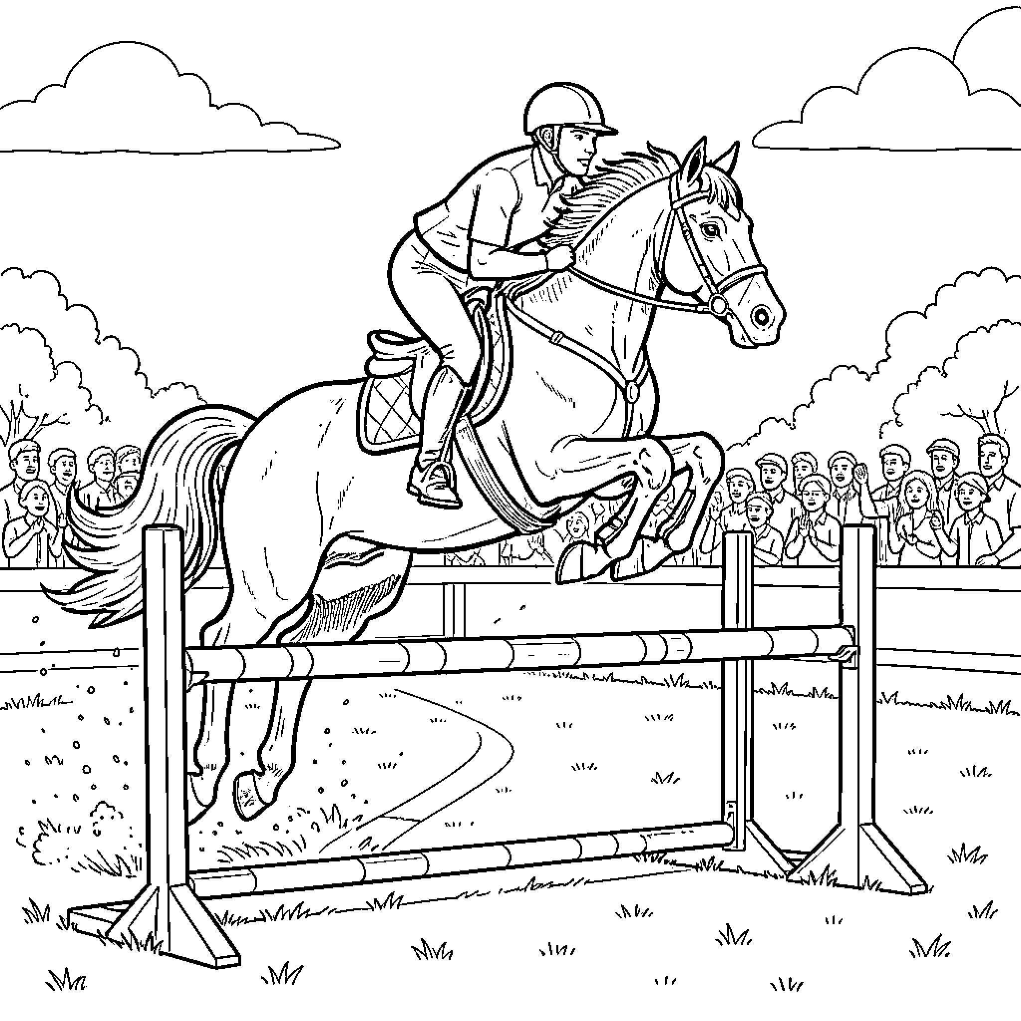 Horse jumping over a hurdle during a competition Coloring Page (free black-and-white line drawing printable PDF for all, from beginners to advanced learners, including children, teens, adults, and seniors)