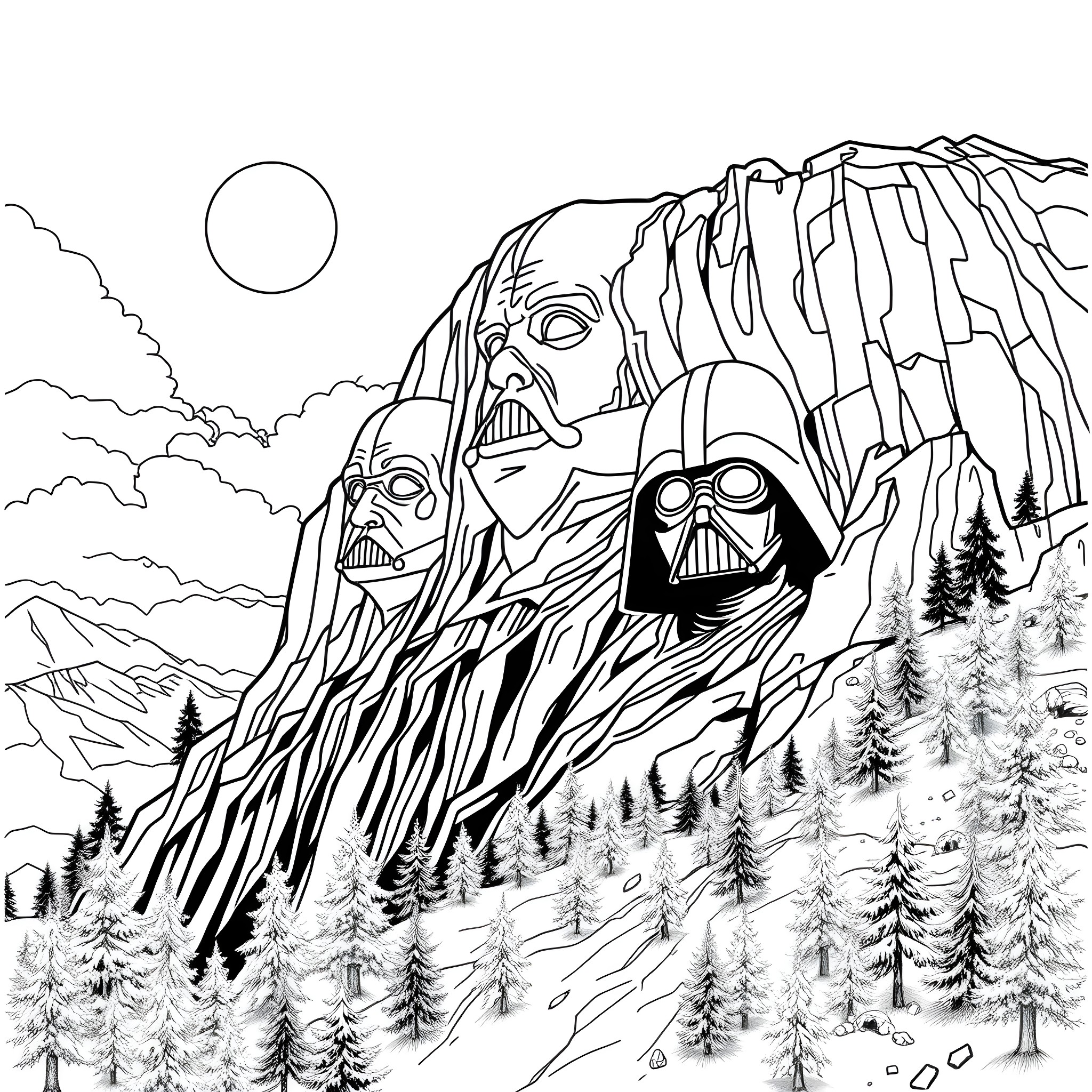Mount Rushmore Carved with Iconic Star Wars Characters Coloring Page (free black-and-white line drawing printable PDF for all, from beginners to advanced learners, including children, teens, adults, and seniors)