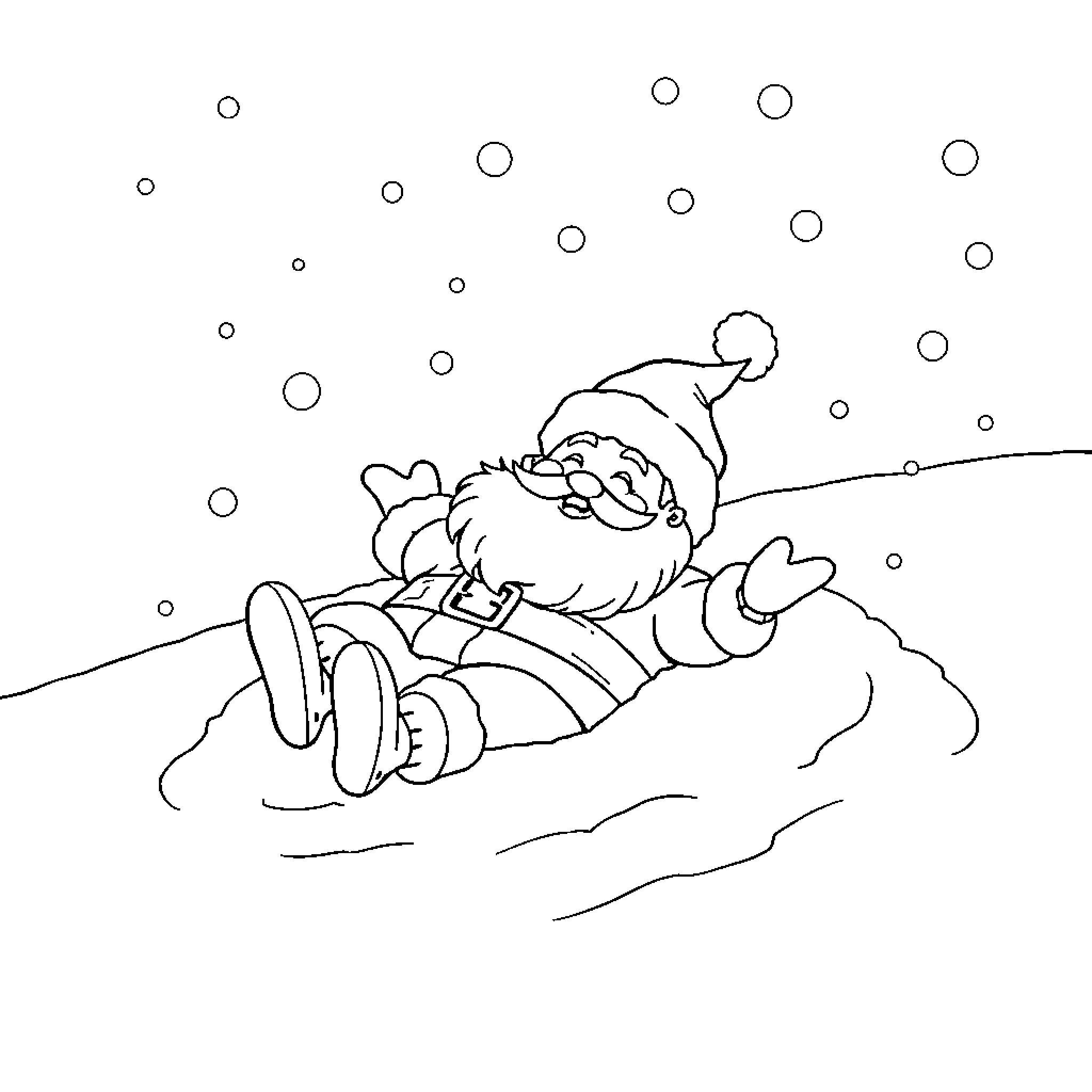 Santa lounging in the snow Coloring Page (free black-and-white line drawing printable PDF for all, from beginners to advanced learners, including children, teens, adults, and seniors)
