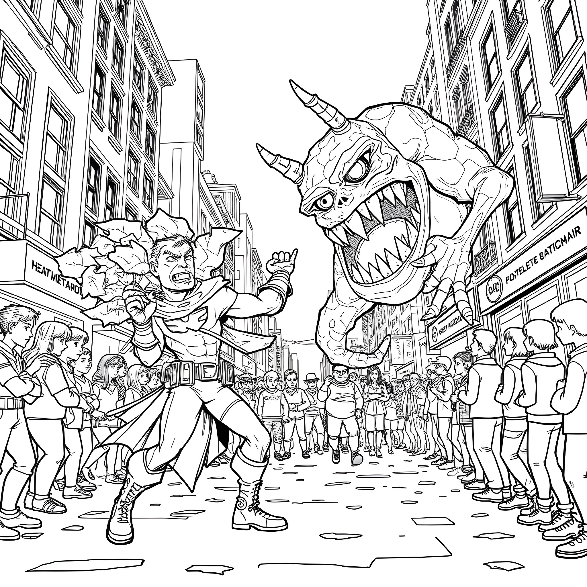 Superhero battles giant monster in crowded city street Coloring Page (free black-and-white line drawing printable PDF for all, from beginners to advanced learners, including children, teens, adults, and seniors)
