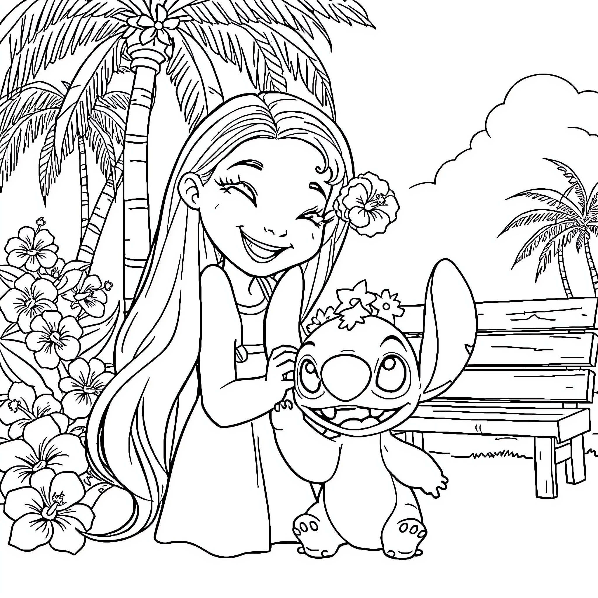 Girl bonding with a friendly creature in a tropical paradise Coloring Page (free black-and-white line drawing printable PDF for all, from beginners to advanced learners, including children, teens, adults, and seniors)