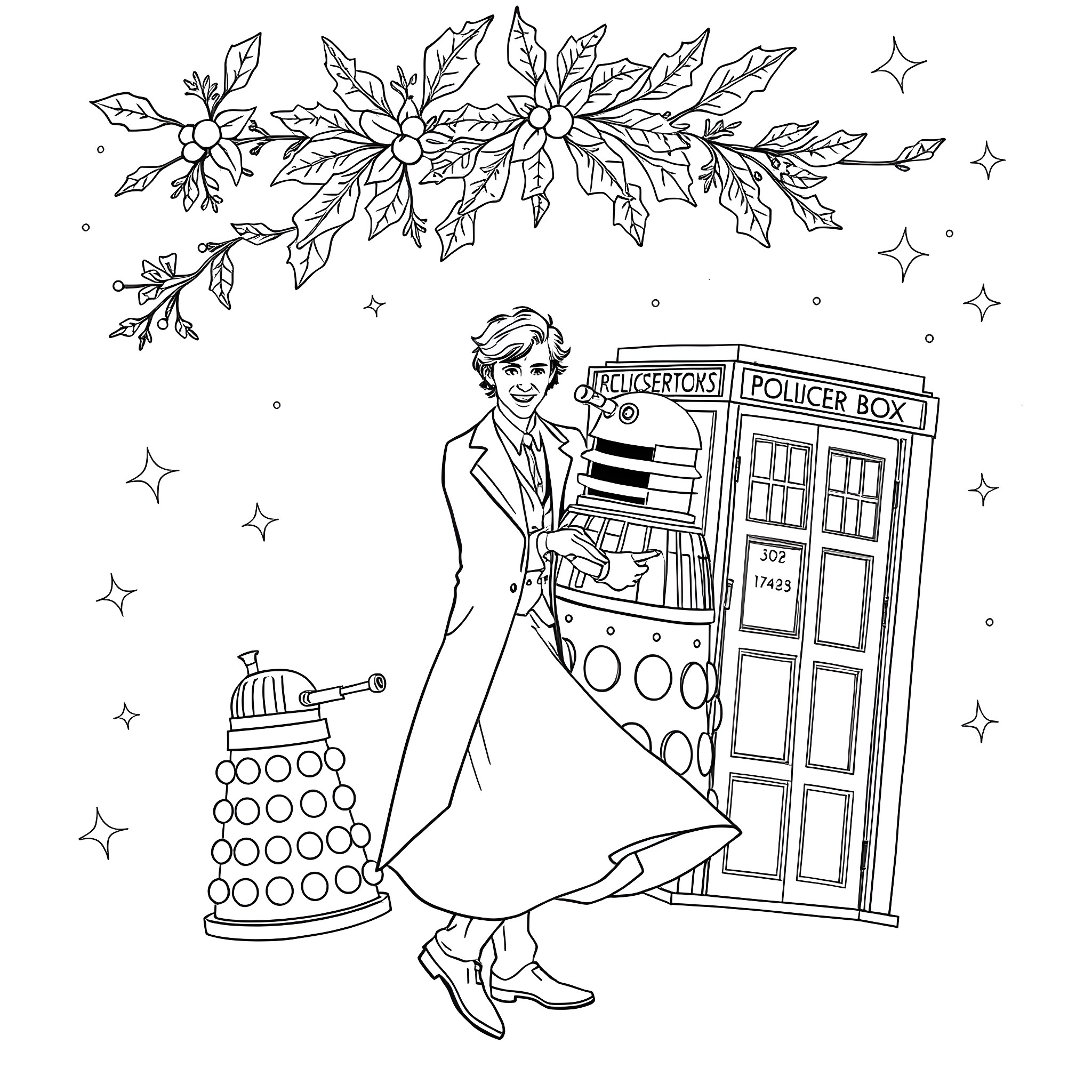Doctor Who's whimsical journey with the TARDIS and Daleks Coloring Page (free black-and-white line drawing printable PDF for all, from beginners to advanced learners, including children, teens, adults, and seniors)