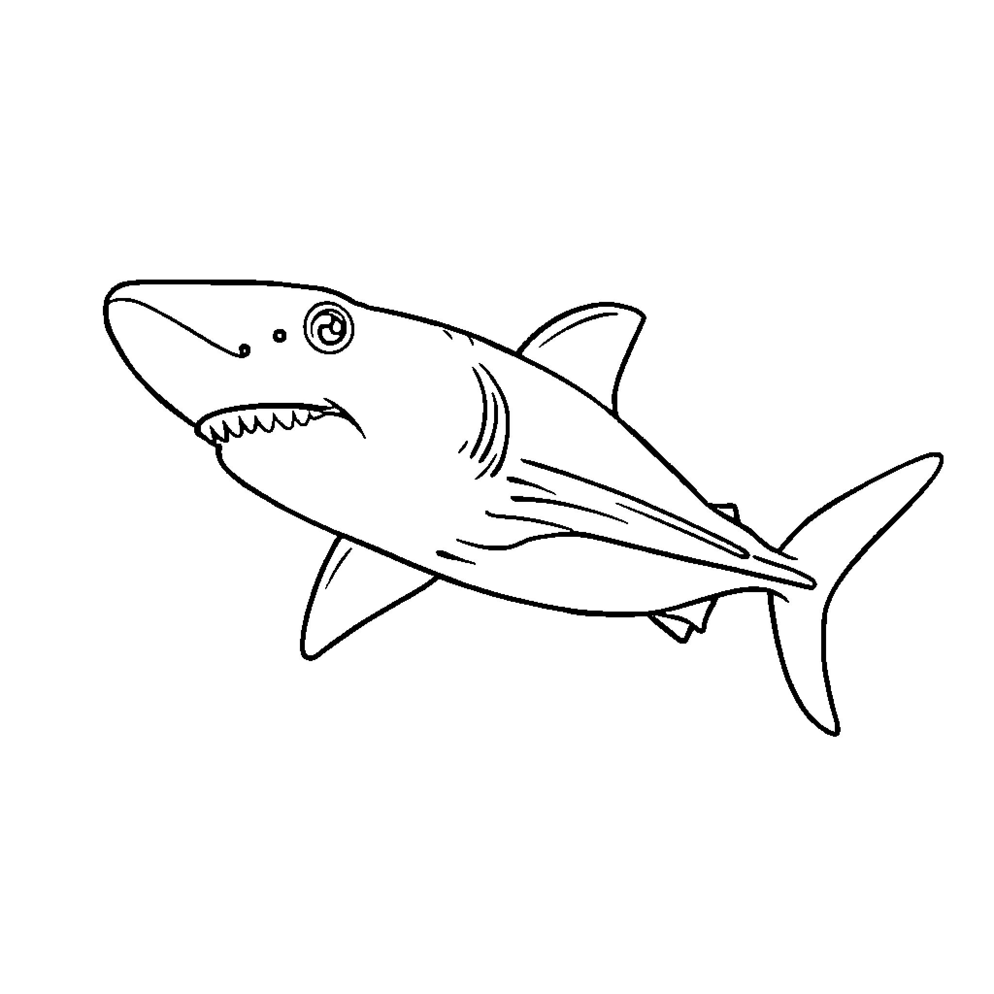 Shark swimming with open mouth Coloring Page (free black-and-white line drawing printable PDF for all, from beginners to advanced learners, including children, teens, adults, and seniors)