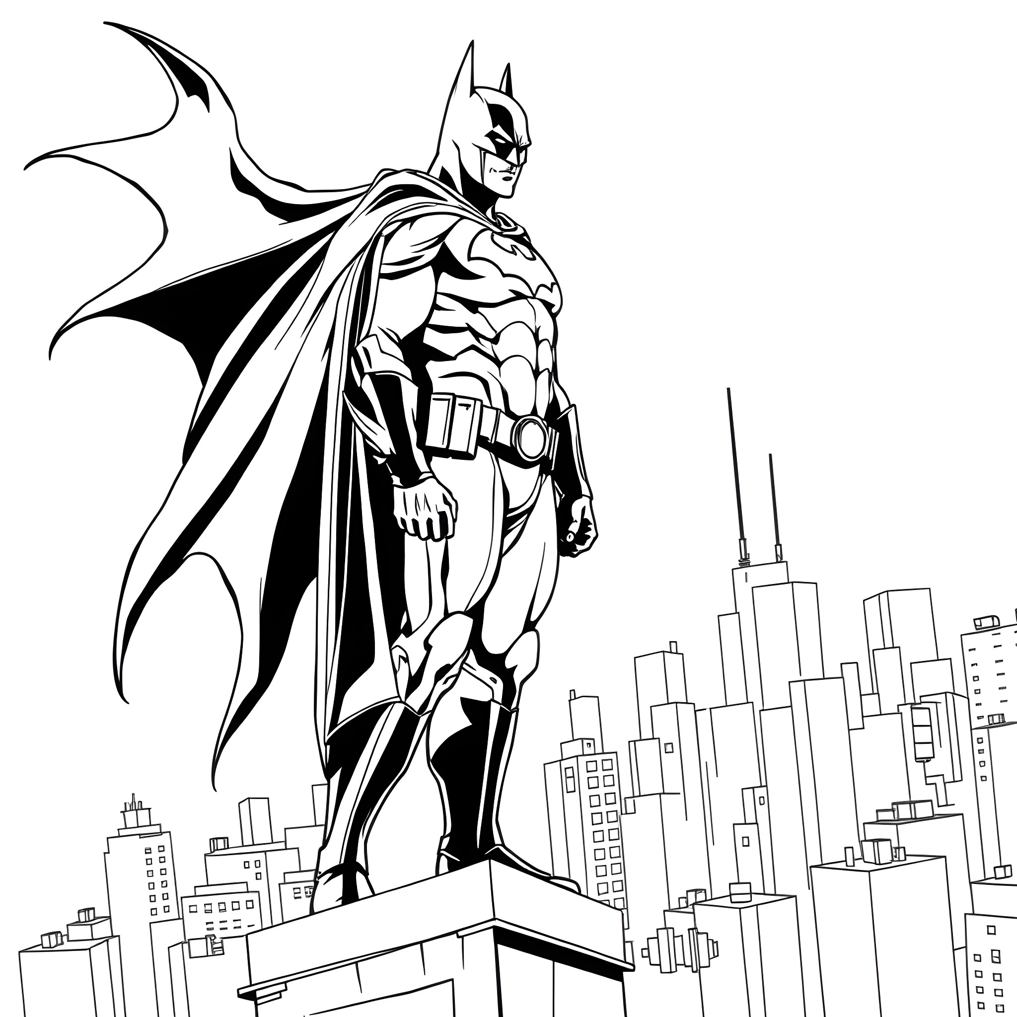 Batman standing tall over the city skyline Coloring Page (free black-and-white line drawing printable PDF for all, from beginners to advanced learners, including children, teens, adults, and seniors)