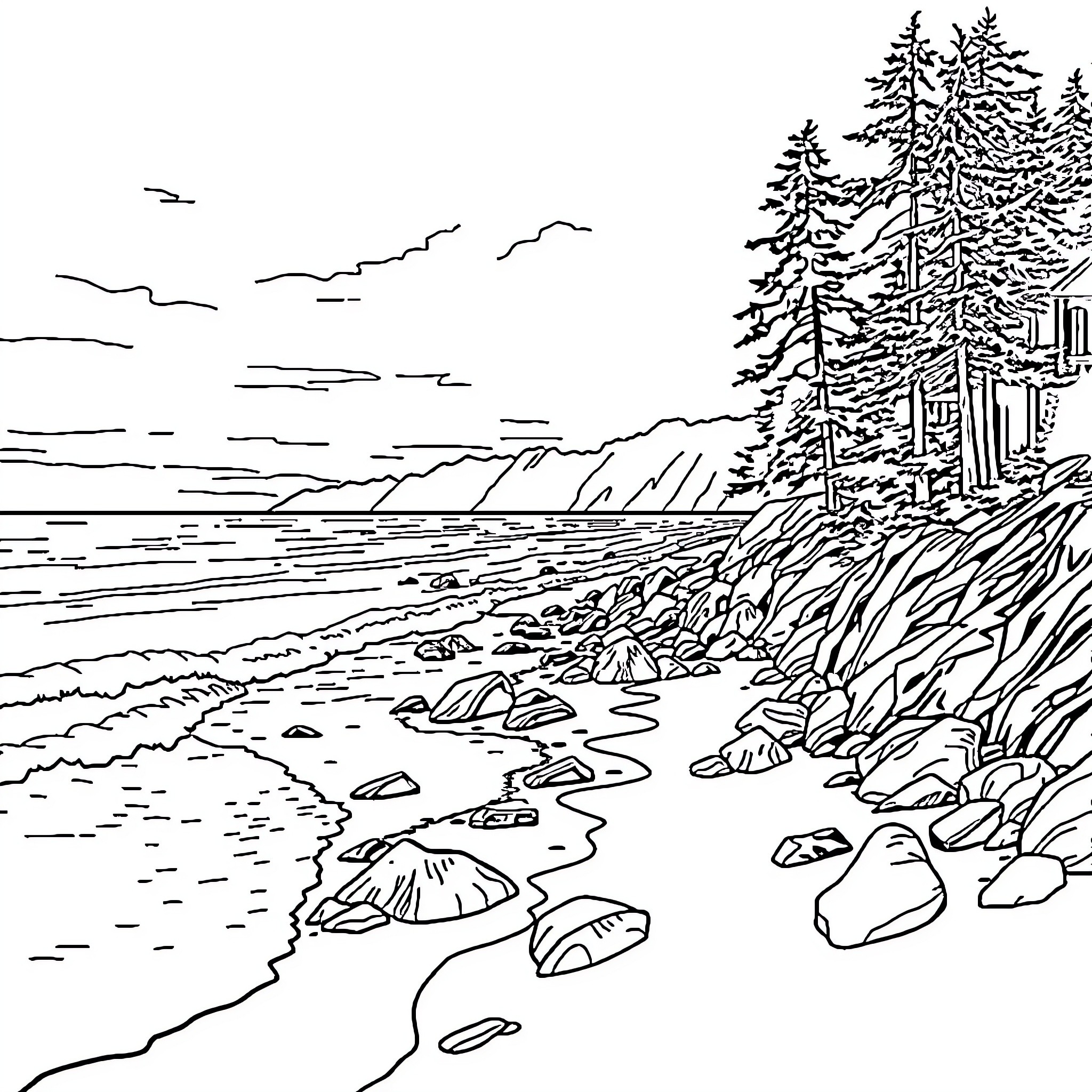 River landscape with rocky shore and pine trees Coloring Page (free black-and-white line drawing printable PDF for all, from beginners to advanced learners, including children, teens, adults, and seniors)