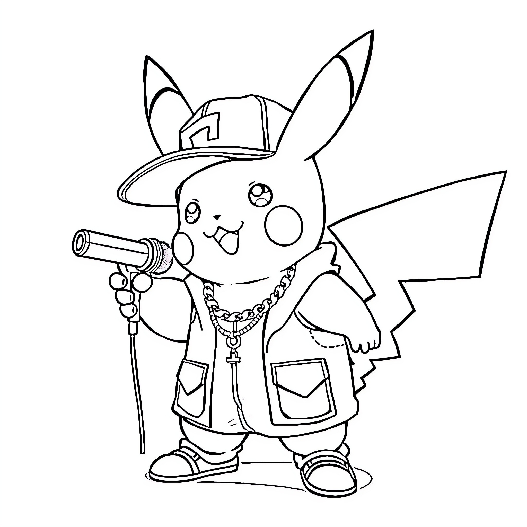 Pikachu as a Gangster Coloring Page (free black-and-white line drawing printable PDF for all, from beginners to advanced learners, including children, teens, adults, and seniors)