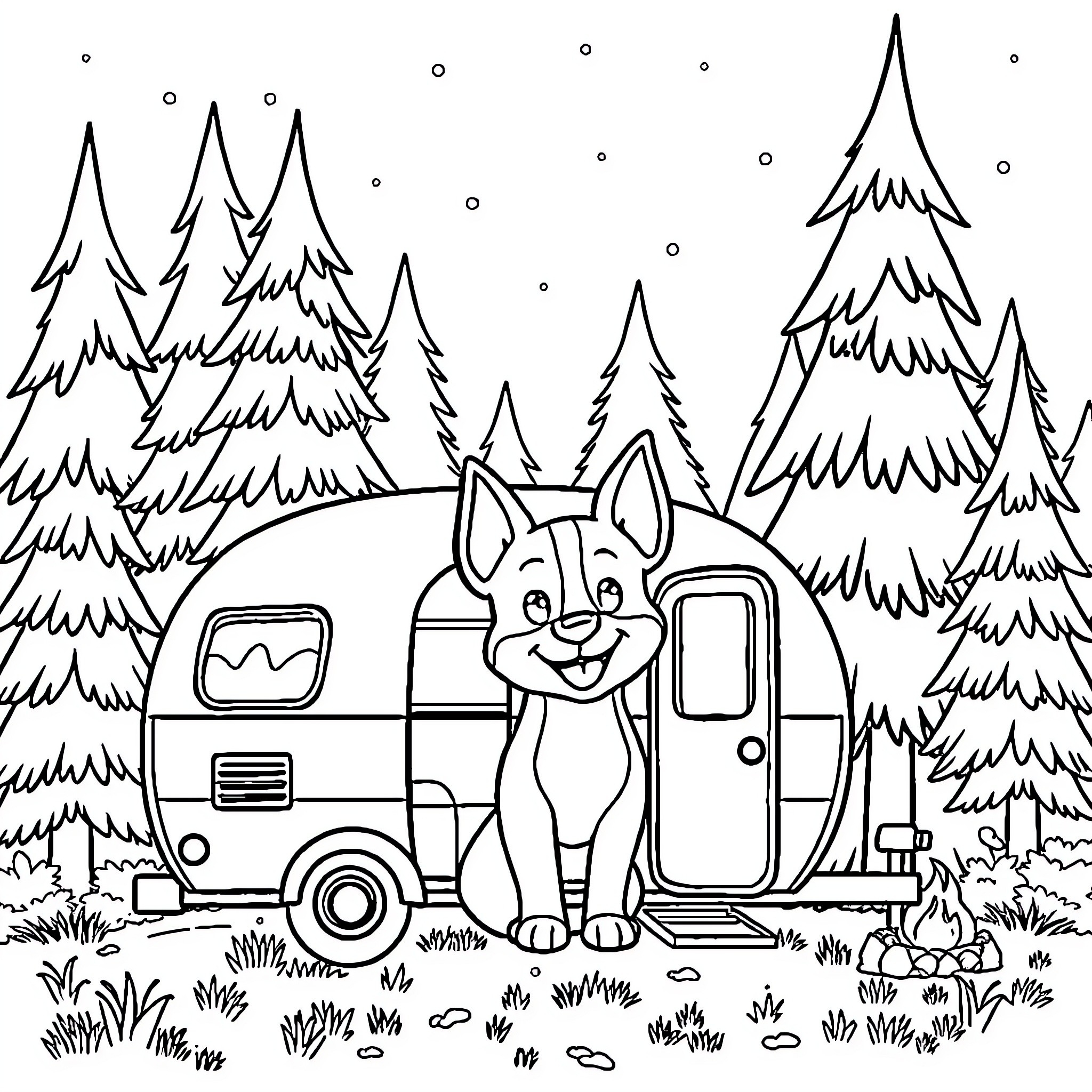 Bluey's Camping Adventure Coloring Page (free black-and-white line drawing printable PDF for all, from beginners to advanced learners, including children, teens, adults, and seniors)