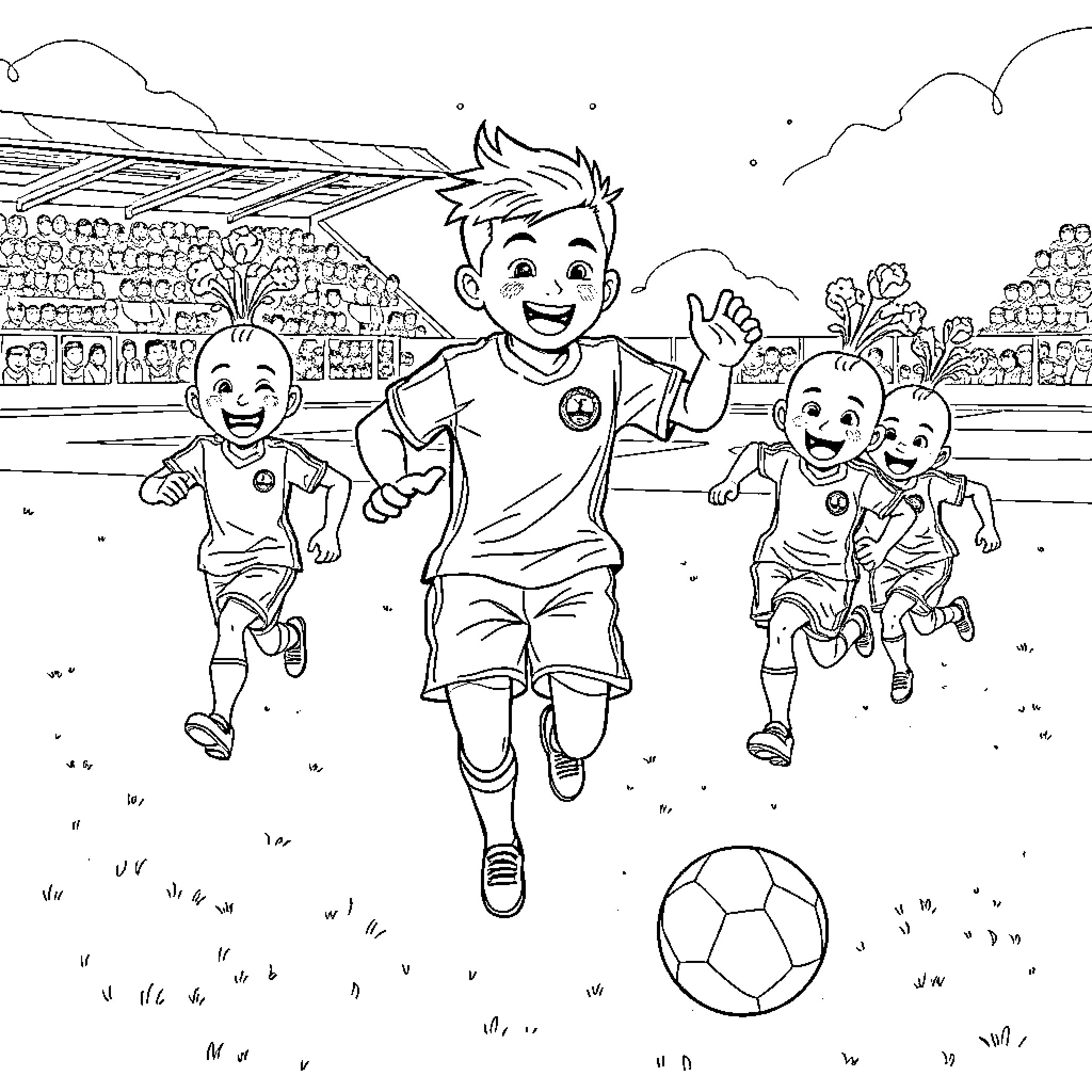 Soccer Players Celebrating on the Field Coloring Page (free black-and-white line drawing printable PDF for all, from beginners to advanced learners, including children, teens, adults, and seniors)