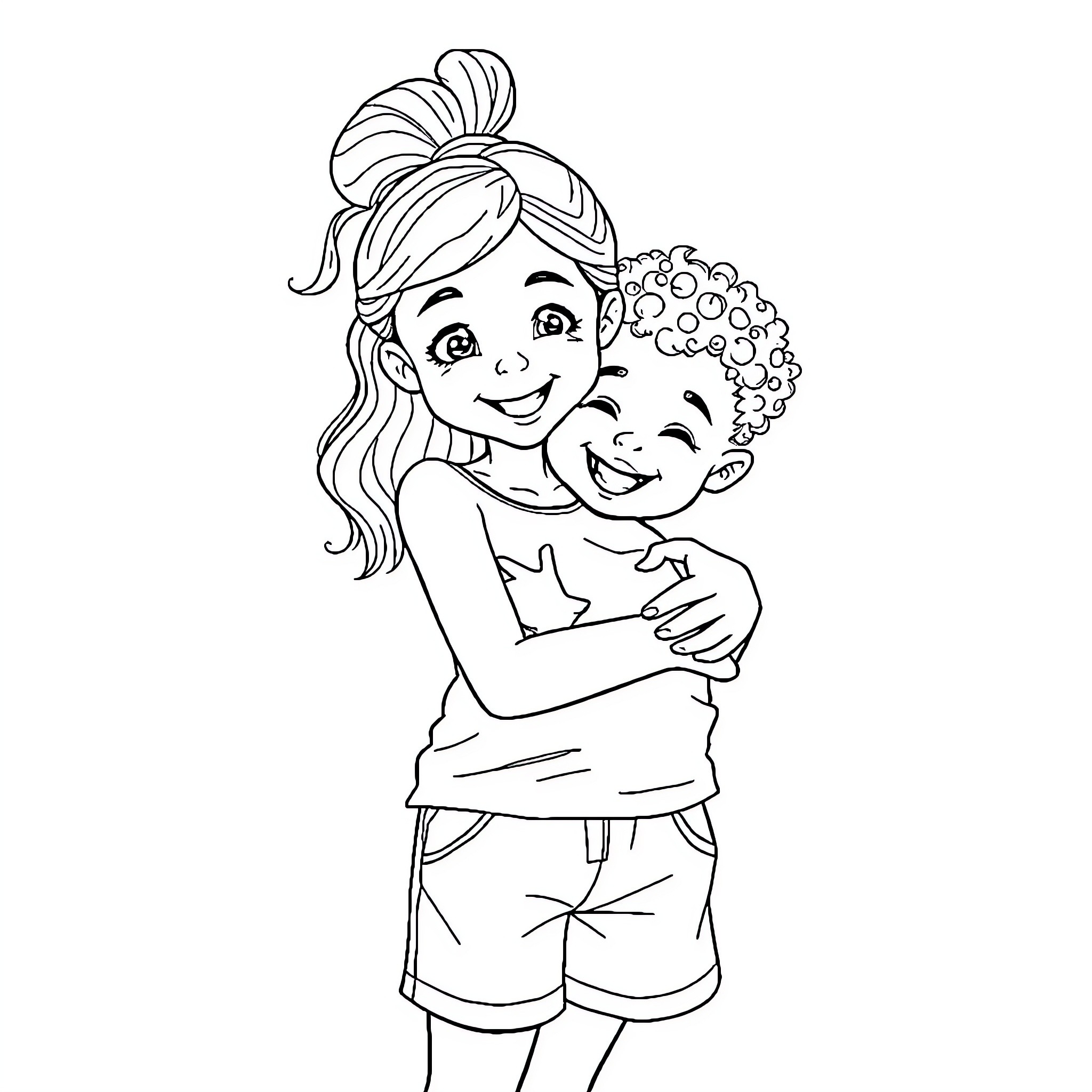 Girl embracing a happy friend Coloring Page (free black-and-white line drawing printable PDF for all, from beginners to advanced learners, including children, teens, adults, and seniors)