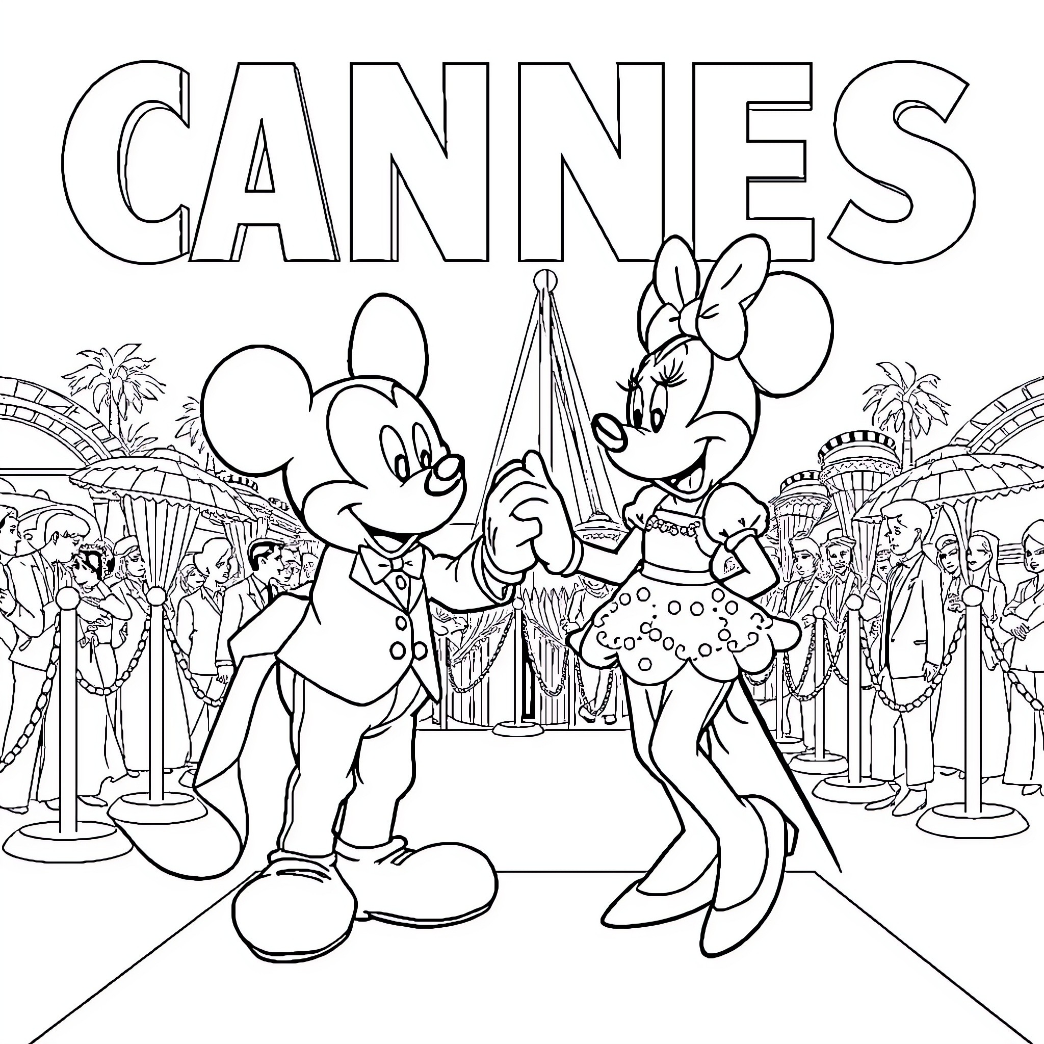 Mickey and Minnie at the Cannes Film Festival Coloring Page (free black-and-white line drawing printable PDF for all, from beginners to advanced learners, including children, teens, adults, and seniors)