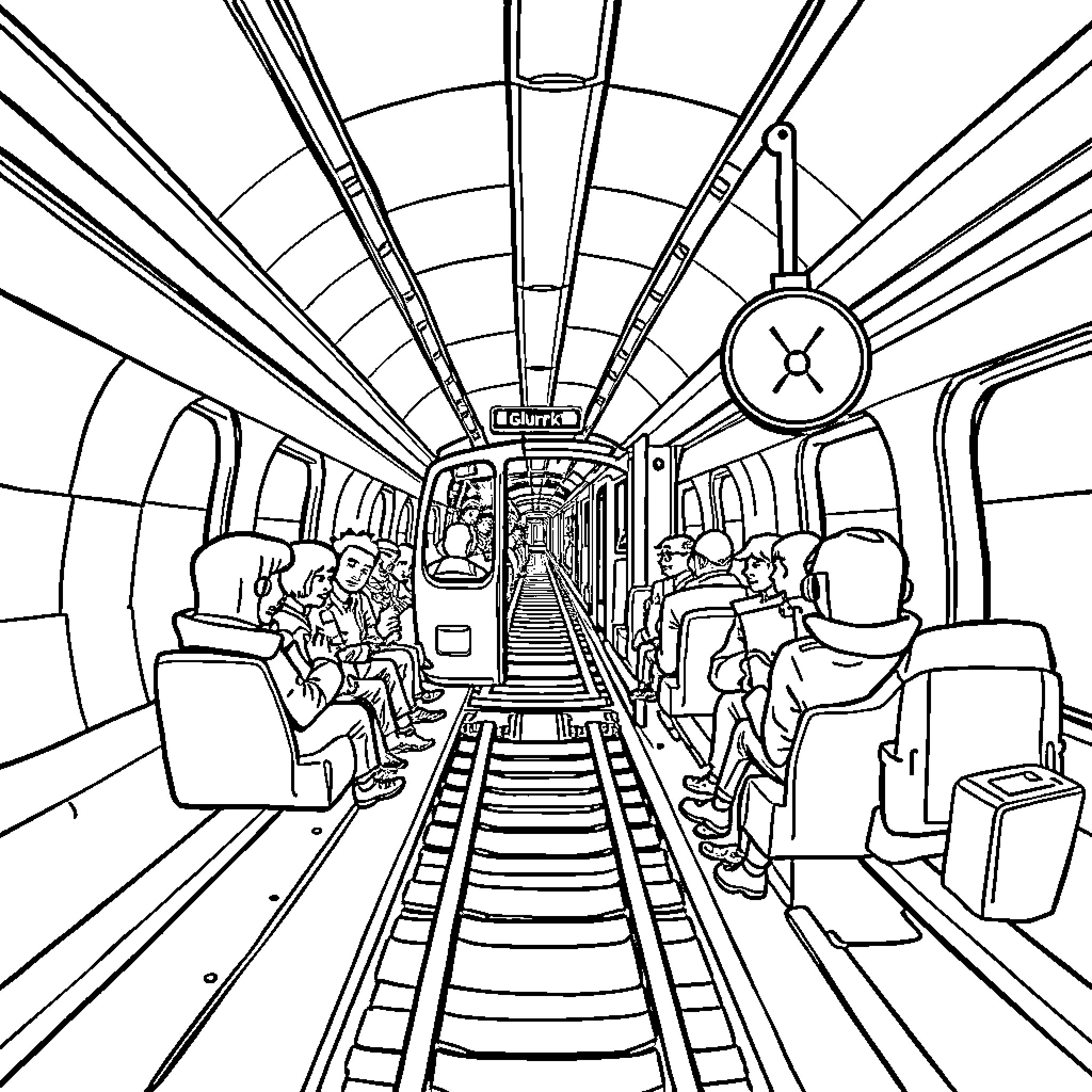 Subway Train Interior with Passengers Coloring Page (free black-and-white line drawing printable PDF for all, from beginners to advanced learners, including children, teens, adults, and seniors)