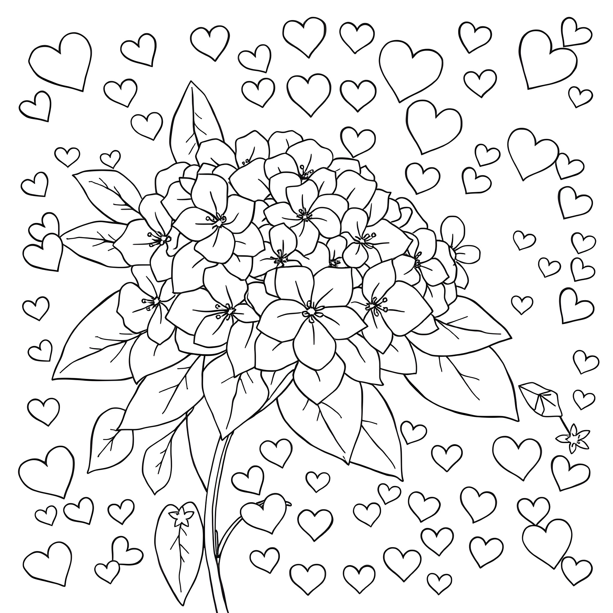 Hydrangea flowers surrounded by hearts Coloring Page (free black-and-white line drawing printable PDF for all, from beginners to advanced learners, including children, teens, adults, and seniors)
