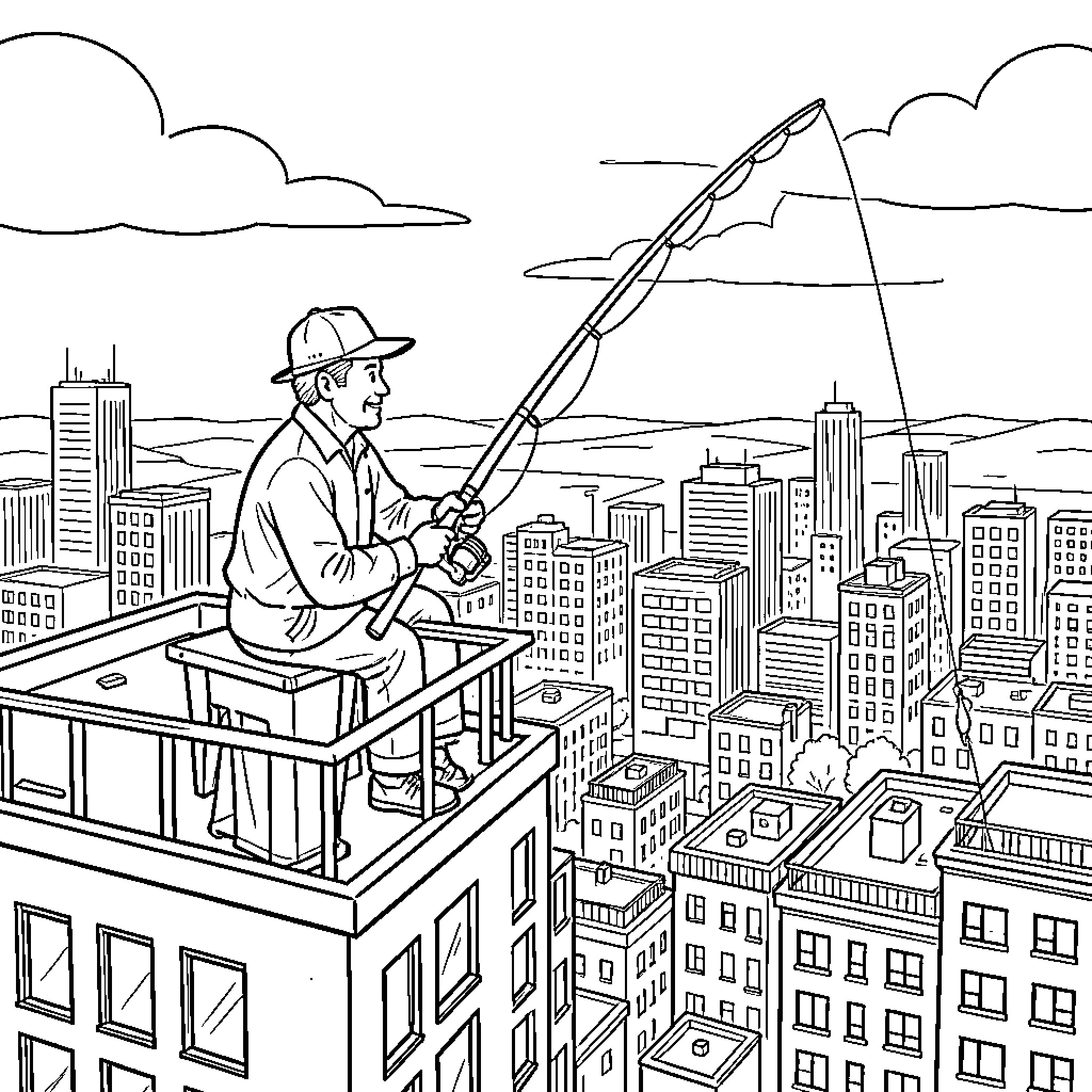 Fishing from a skyscraper balcony overlooking a city Coloring Page (free black-and-white line drawing printable PDF for all, from beginners to advanced learners, including children, teens, adults, and seniors)