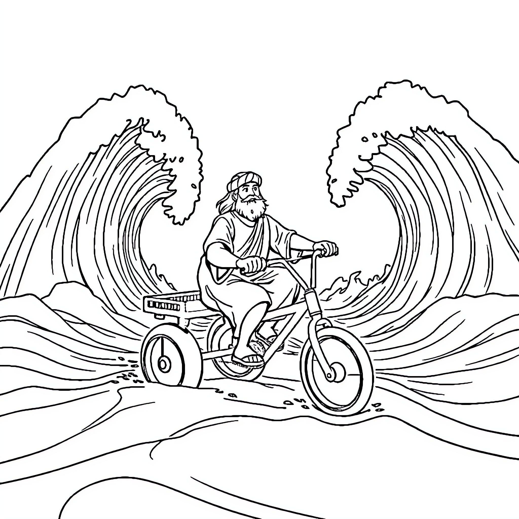 Moses riding a bicycle through parting waves Coloring Page (free black-and-white line drawing printable PDF for all, from beginners to advanced learners, including children, teens, adults, and seniors)