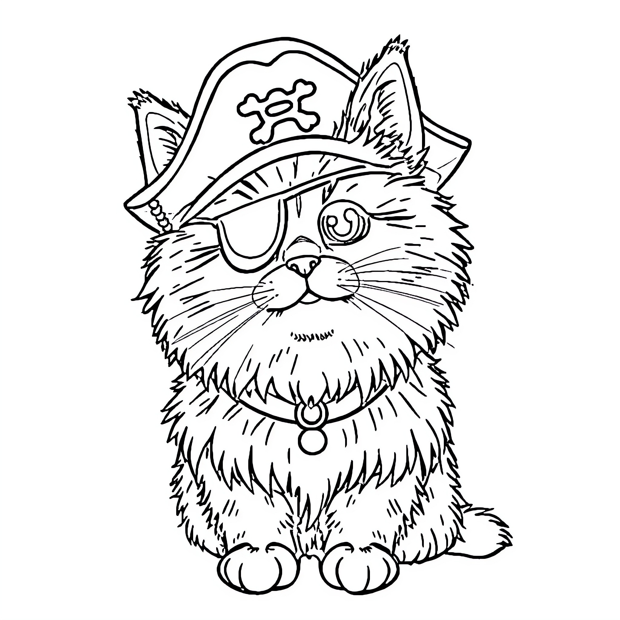Cat in pirate costume with hat and eye patch Coloring Page (free black-and-white line drawing printable PDF for all, from beginners to advanced learners, including children, teens, adults, and seniors)