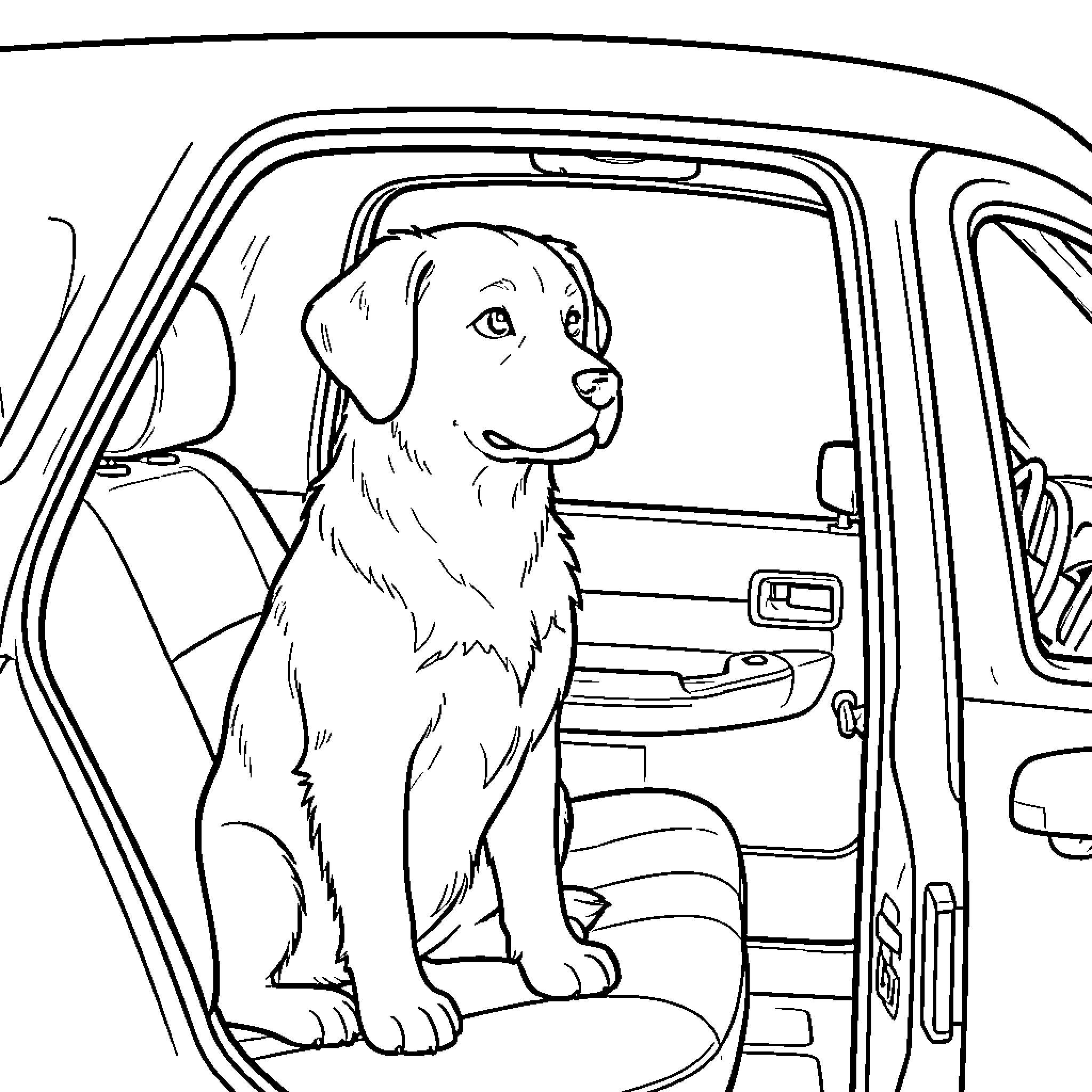 Dog sitting calmly in the passenger seat of a car Coloring Page (free black-and-white line drawing printable PDF for all, from beginners to advanced learners, including children, teens, adults, and seniors)