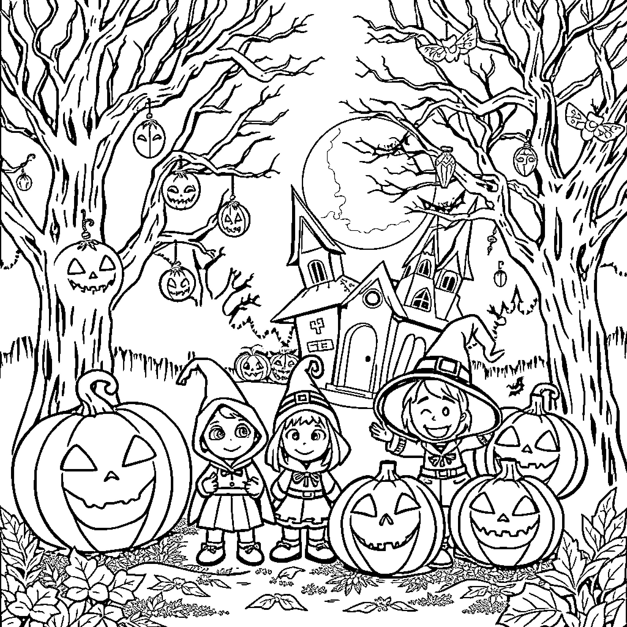 Halloween Celebration in a Spooky Forest Coloring Page (free black-and-white line drawing printable PDF for all, from beginners to advanced learners, including children, teens, adults, and seniors)