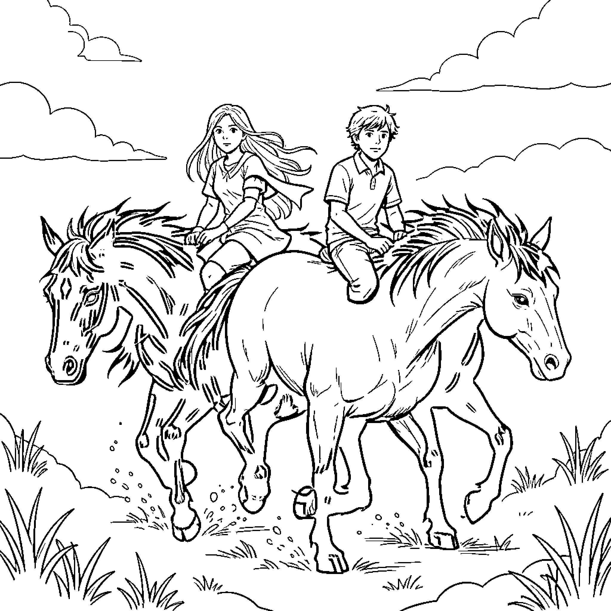 Thestral riders enjoying a peaceful journey together Coloring Page (free black-and-white line drawing printable PDF for all, from beginners to advanced learners, including children, teens, adults, and seniors)