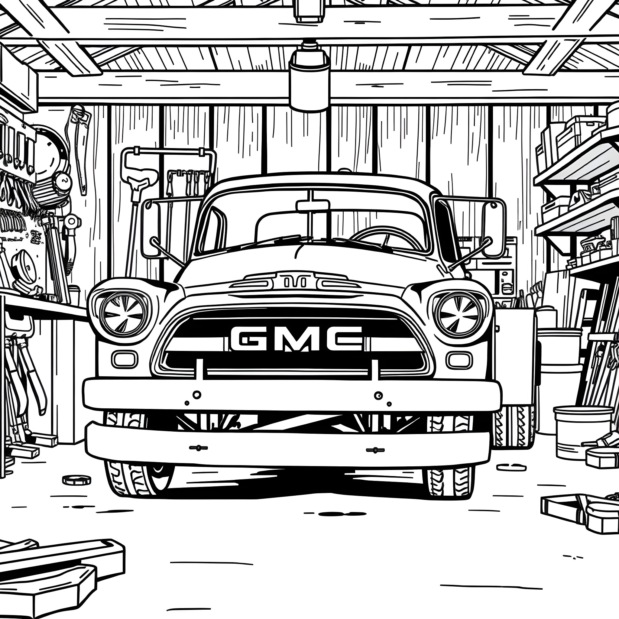 GMC Vintage Pickup Truck in Repair Shop Coloring Page (free black-and-white line drawing printable PDF for all, from beginners to advanced learners, including children, teens, adults, and seniors)