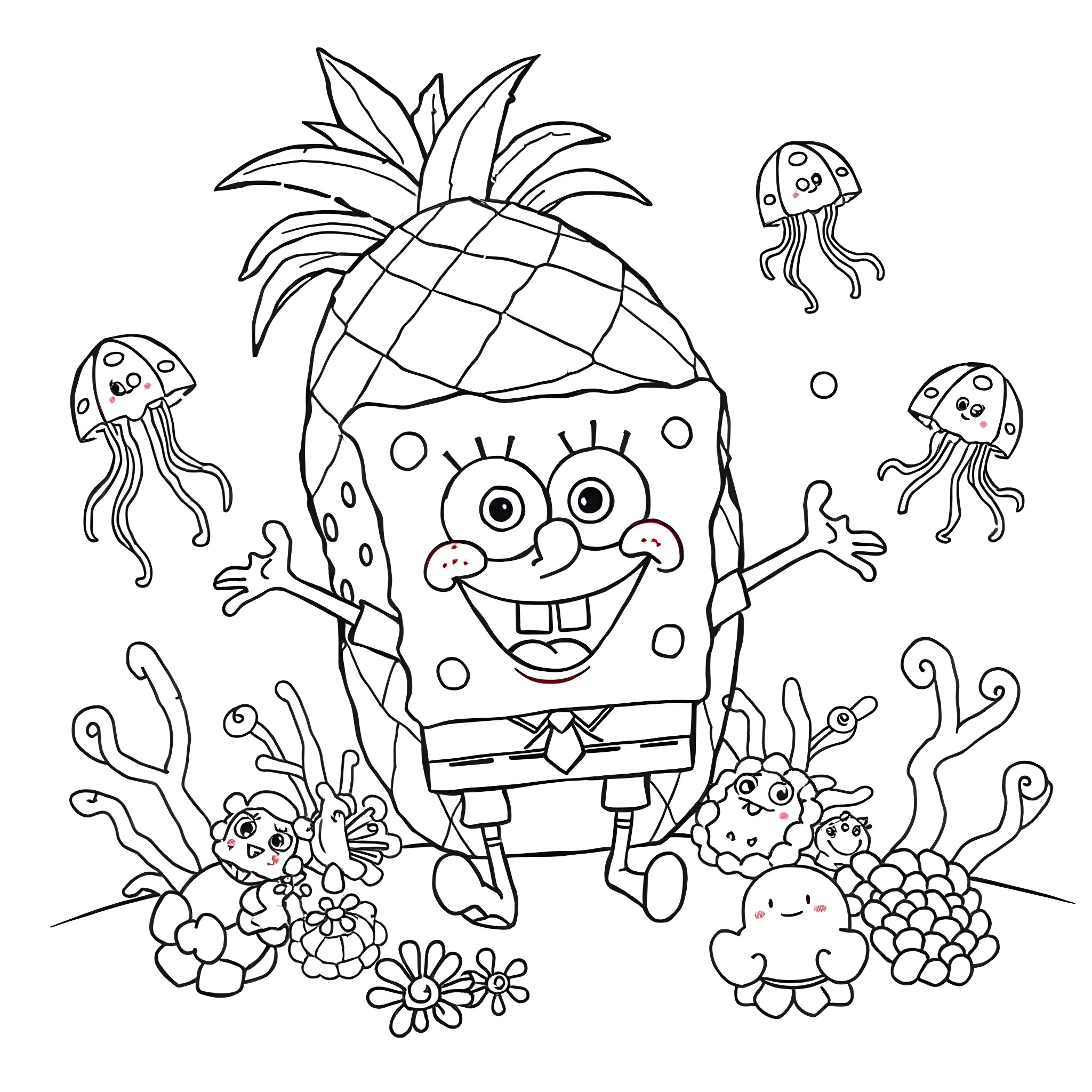 Spongebob in a whimsical underwater scene Coloring Page (free black-and-white line drawing printable PDF for all, from beginners to advanced learners, including children, teens, adults, and seniors)