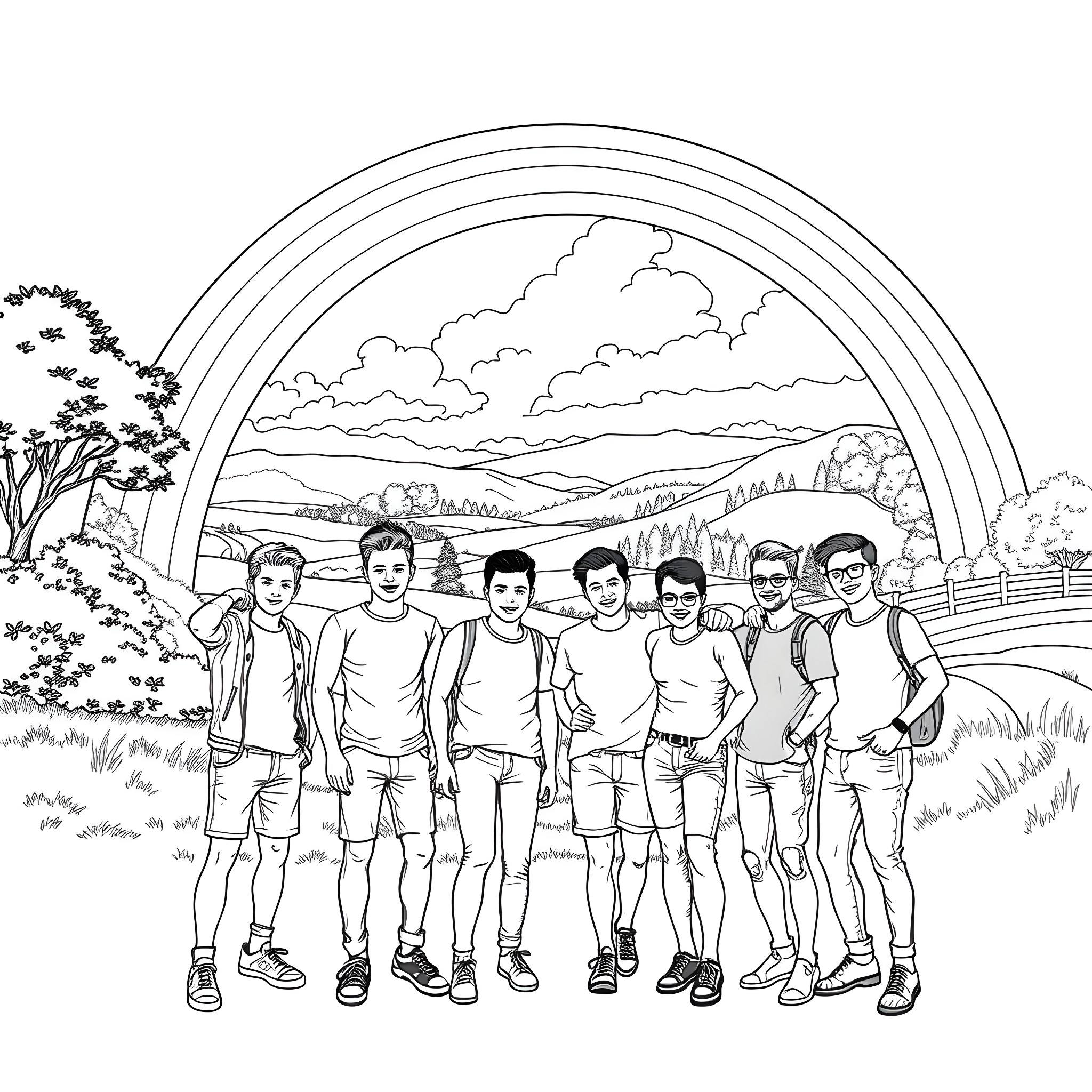 Rainbow of Friendship: Group Portrait in Nature Coloring Page (free black-and-white line drawing printable PDF for all, from beginners to advanced learners, including children, teens, adults, and seniors)