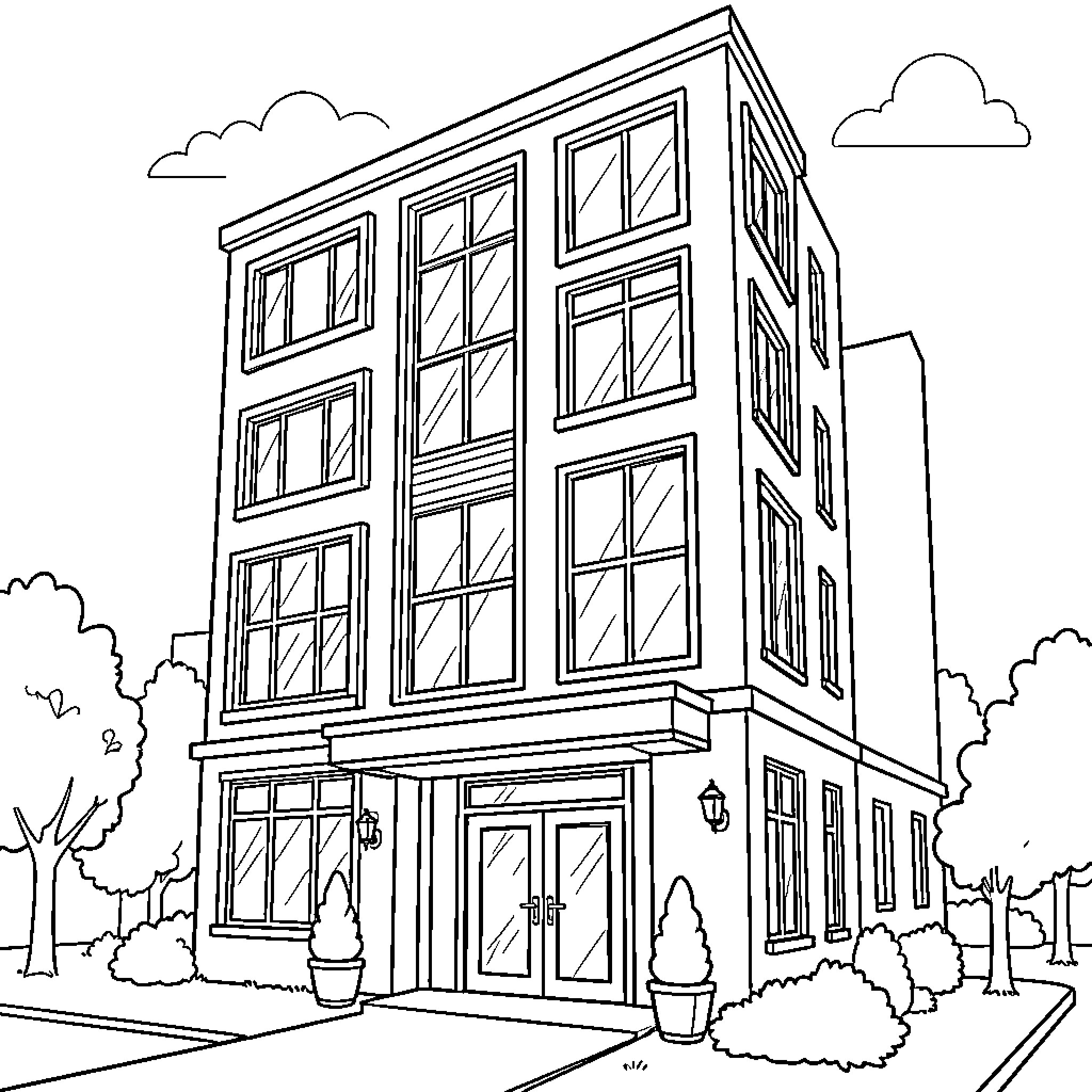 Building standing tall amidst trees and clouds Coloring Page (free black-and-white line drawing printable PDF for all, from beginners to advanced learners, including children, teens, adults, and seniors)