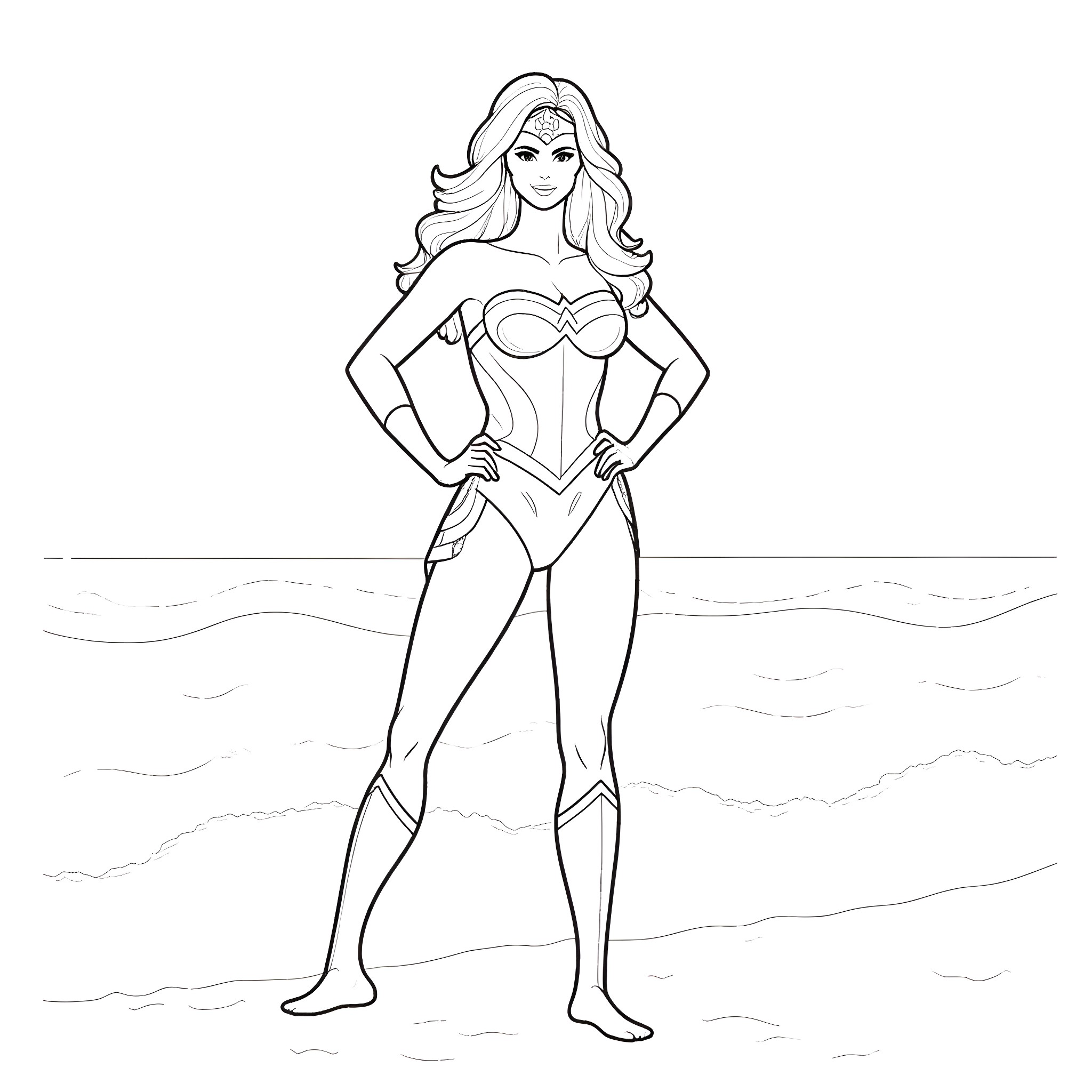 Wonder Woman in heroic pose on the beach Coloring Page (free black-and-white line drawing printable PDF for all, from beginners to advanced learners, including children, teens, adults, and seniors)