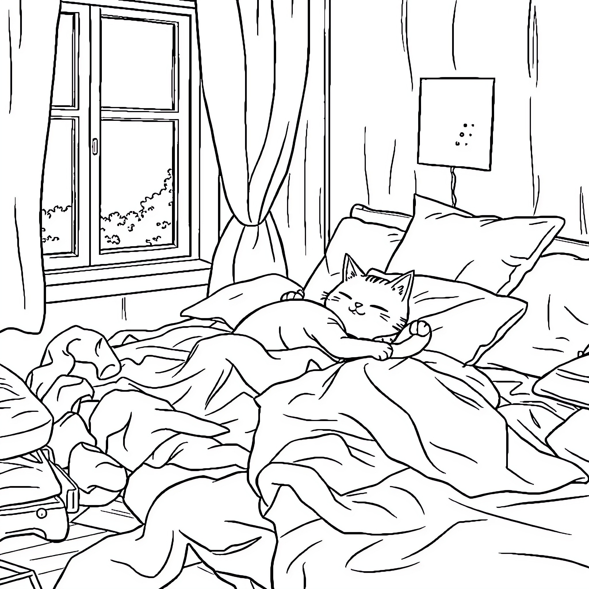 Cat resting peacefully on a messy bed Coloring Page (free black-and-white line drawing printable PDF for all, from beginners to advanced learners, including children, teens, adults, and seniors)