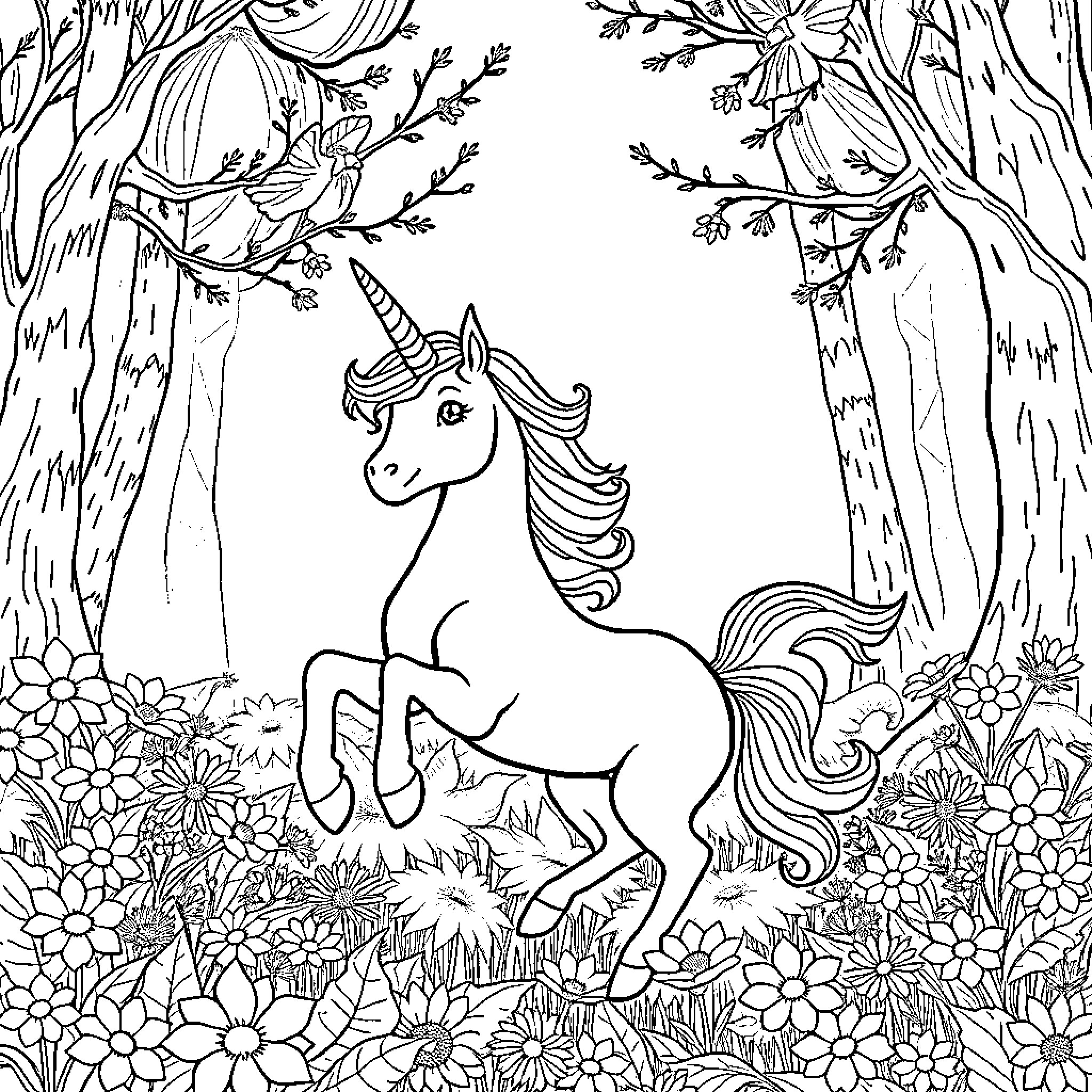 Unicorn exploring the enchanted forest Coloring Page (free black-and-white line drawing printable PDF for all, from beginners to advanced learners, including children, teens, adults, and seniors)