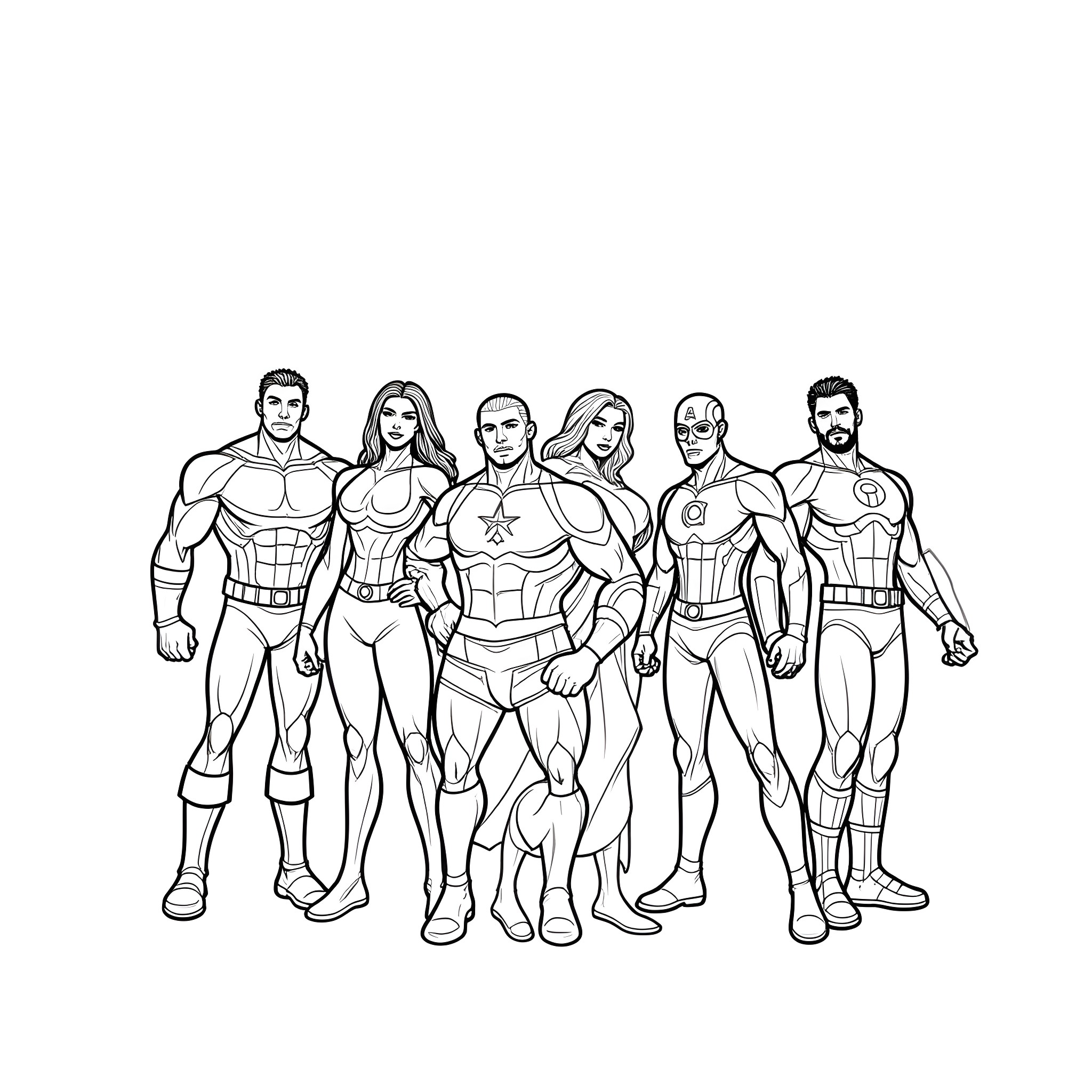 Avanger team assembles in heroic stances Coloring Page (free black-and-white line drawing printable PDF for all, from beginners to advanced learners, including children, teens, adults, and seniors)