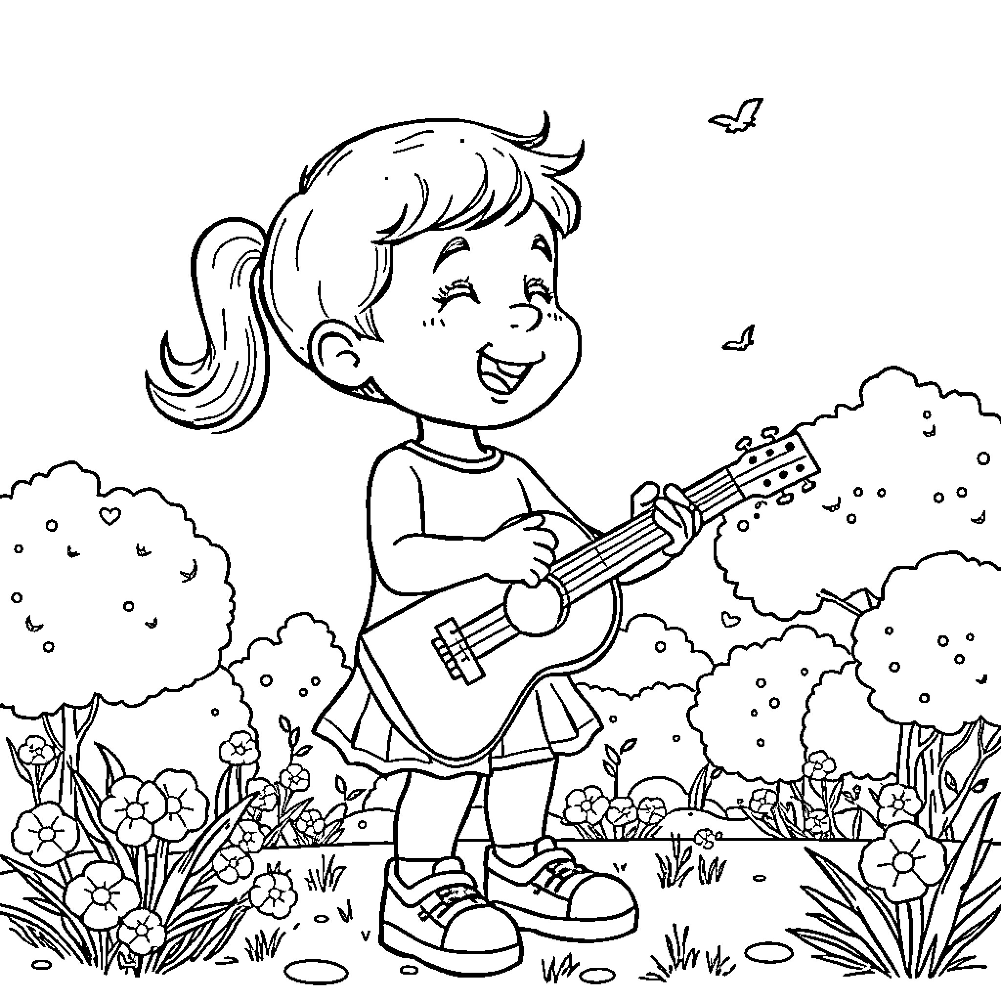 Girl playing joyfully with guitar in garden Coloring Page (free black-and-white line drawing printable PDF for all, from beginners to advanced learners, including children, teens, adults, and seniors)