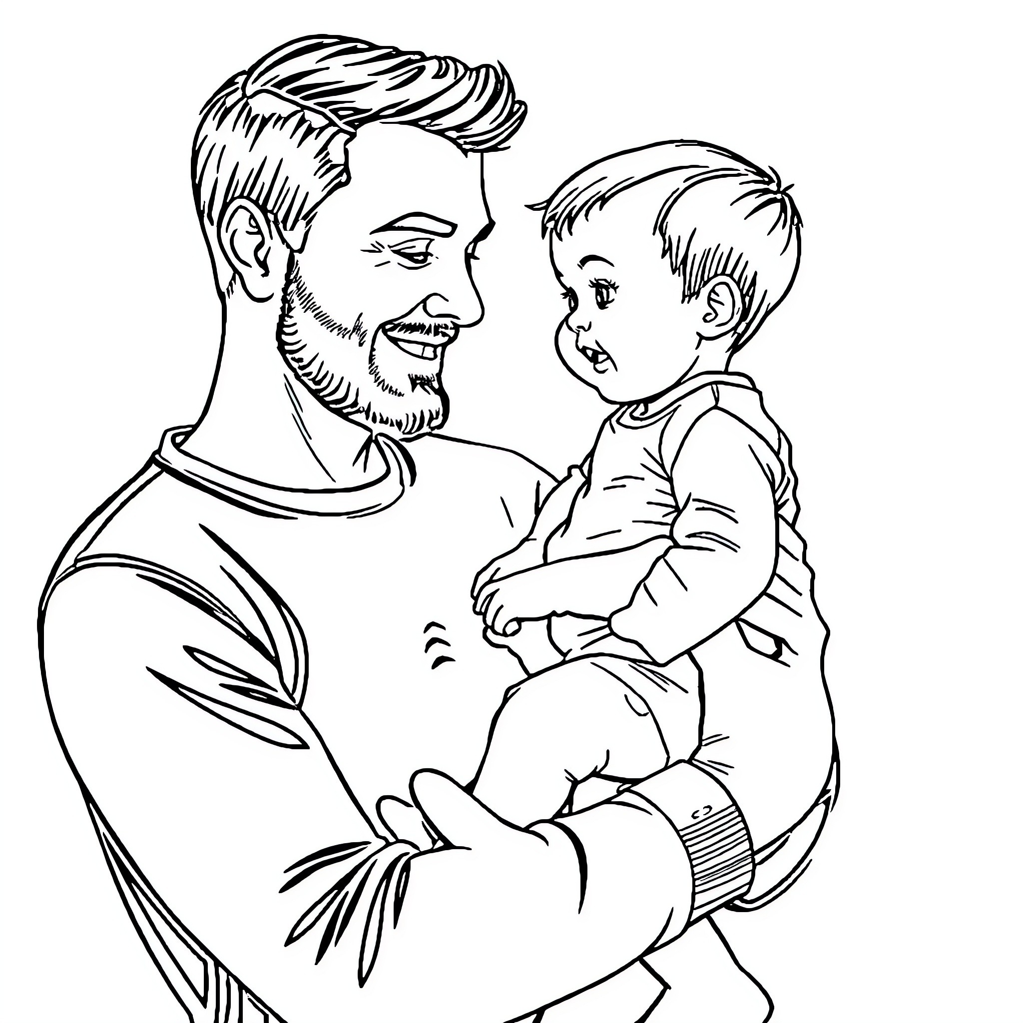 Dad proudly holding his smiling child Coloring Page (free black-and-white line drawing printable PDF for all, from beginners to advanced learners, including children, teens, adults, and seniors)