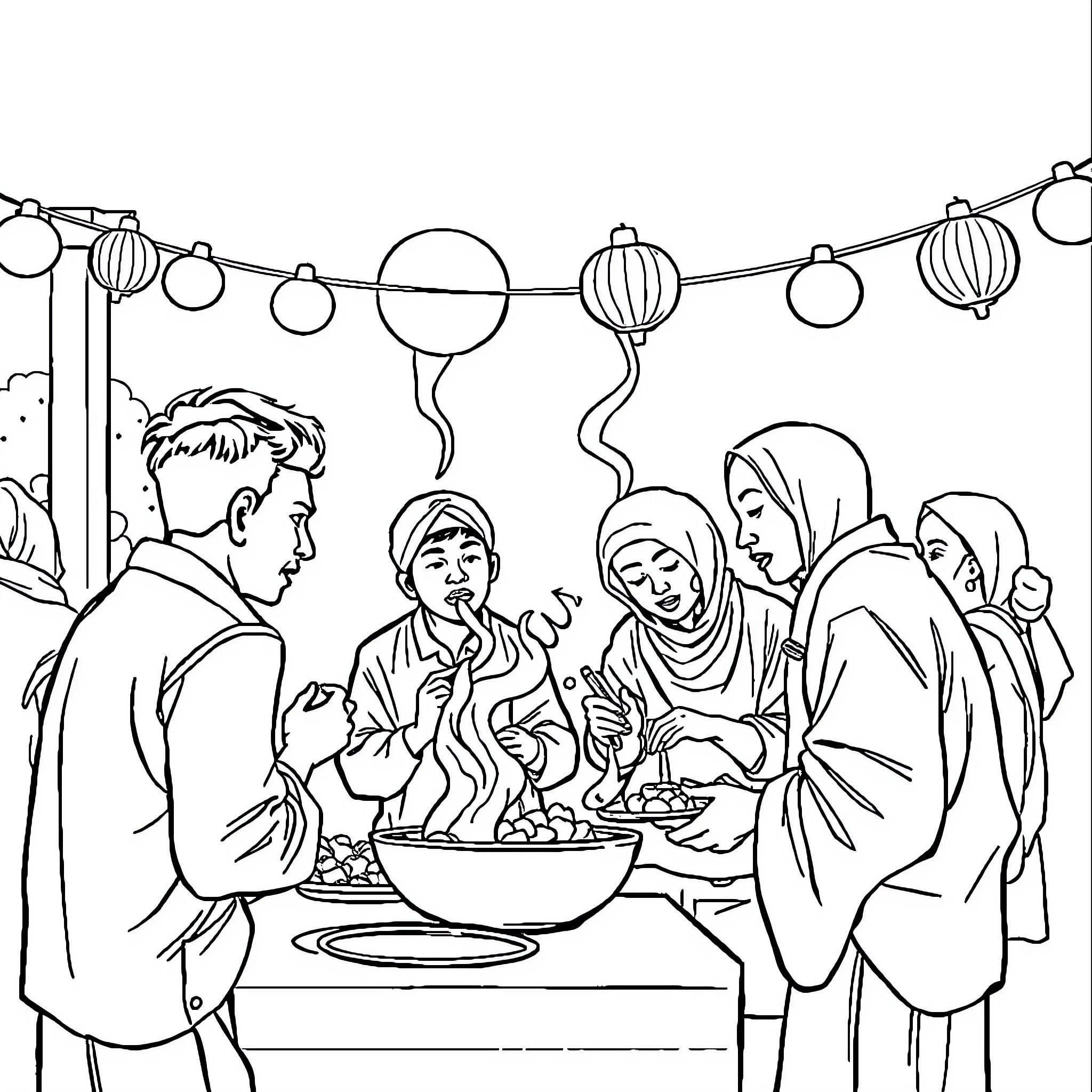 Sahur celebration with family and friends Coloring Page (free black-and-white line drawing printable PDF for all, from beginners to advanced learners, including children, teens, adults, and seniors)