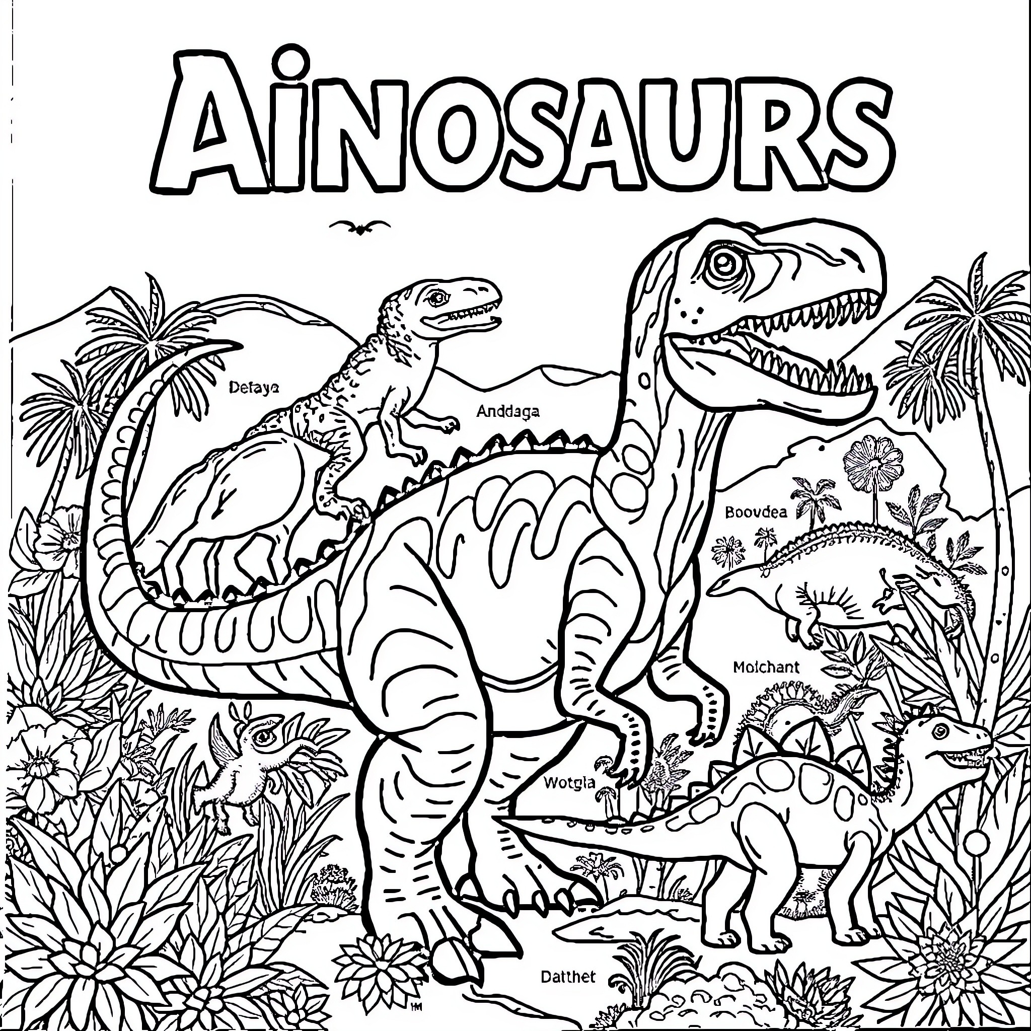 Dinosaurs in a Prehistoric Landscape Coloring Page (free black-and-white line drawing printable PDF for all, from beginners to advanced learners, including children, teens, adults, and seniors)