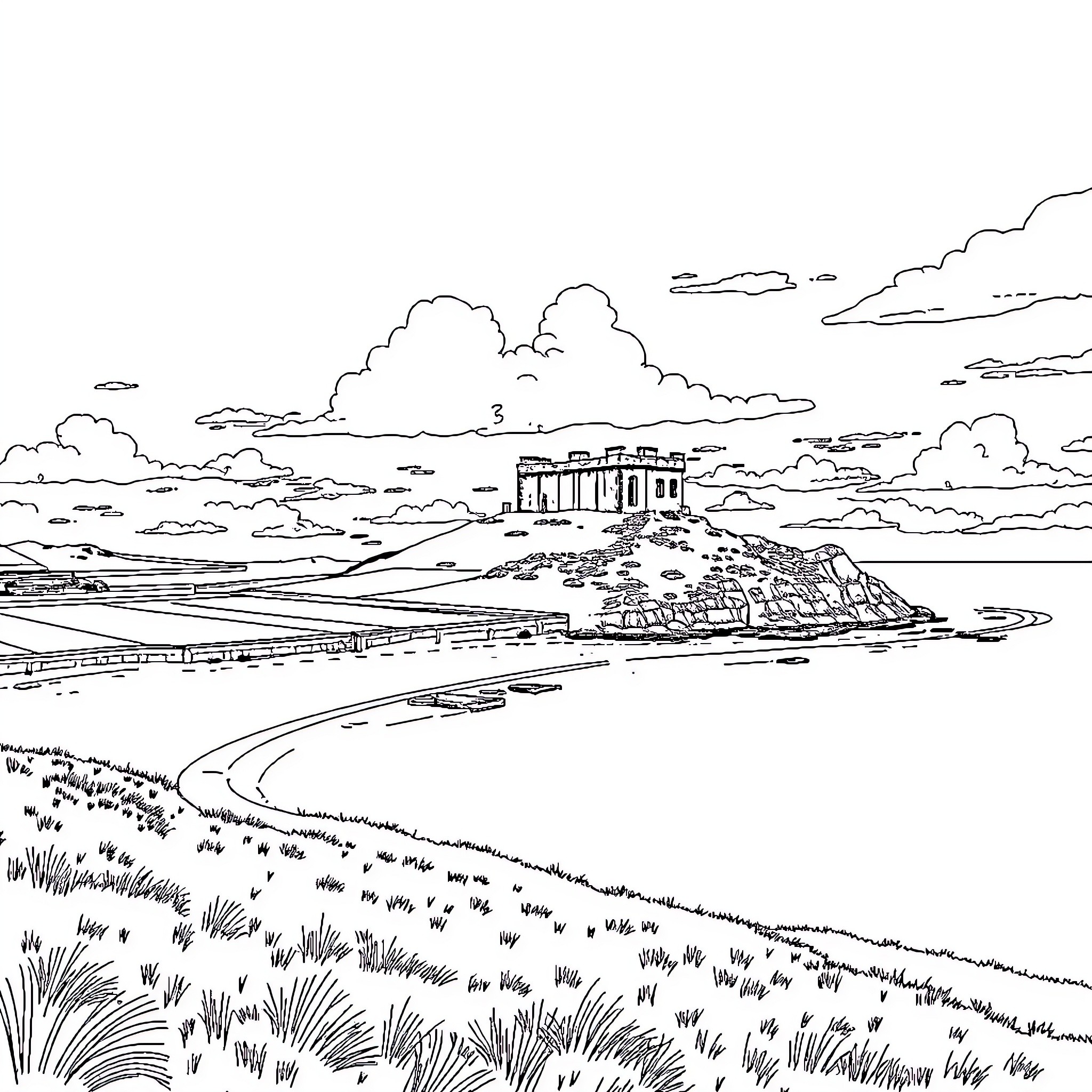 Île de Ré: Architectural Landscape with Dramatic Skies Coloring Page (free black-and-white line drawing printable PDF for all, from beginners to advanced learners, including children, teens, adults, and seniors)
