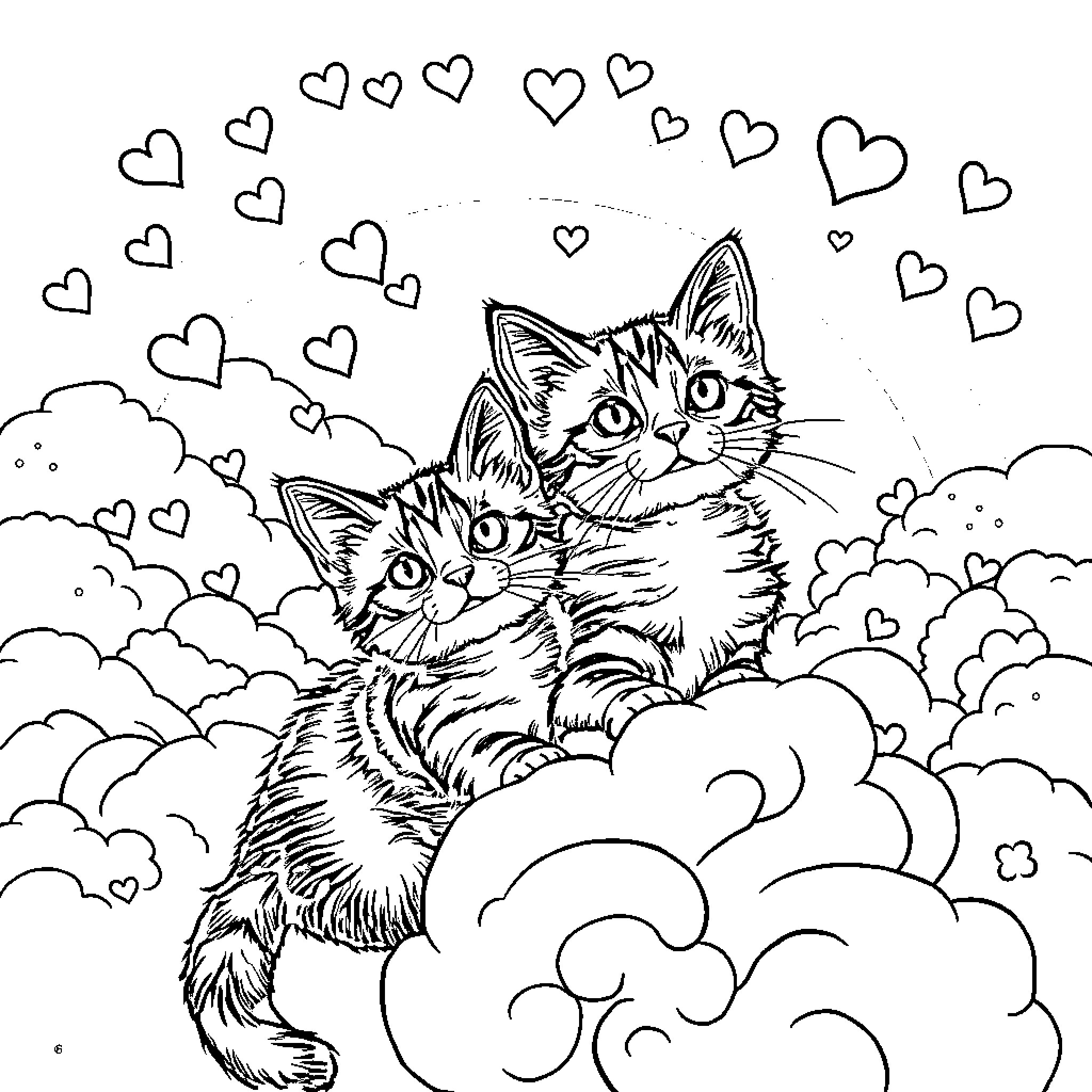 Kitten Gazing at Floating Hearts in Cloudy Sky Coloring Page (free black-and-white line drawing printable PDF for all, from beginners to advanced learners, including children, teens, adults, and seniors)