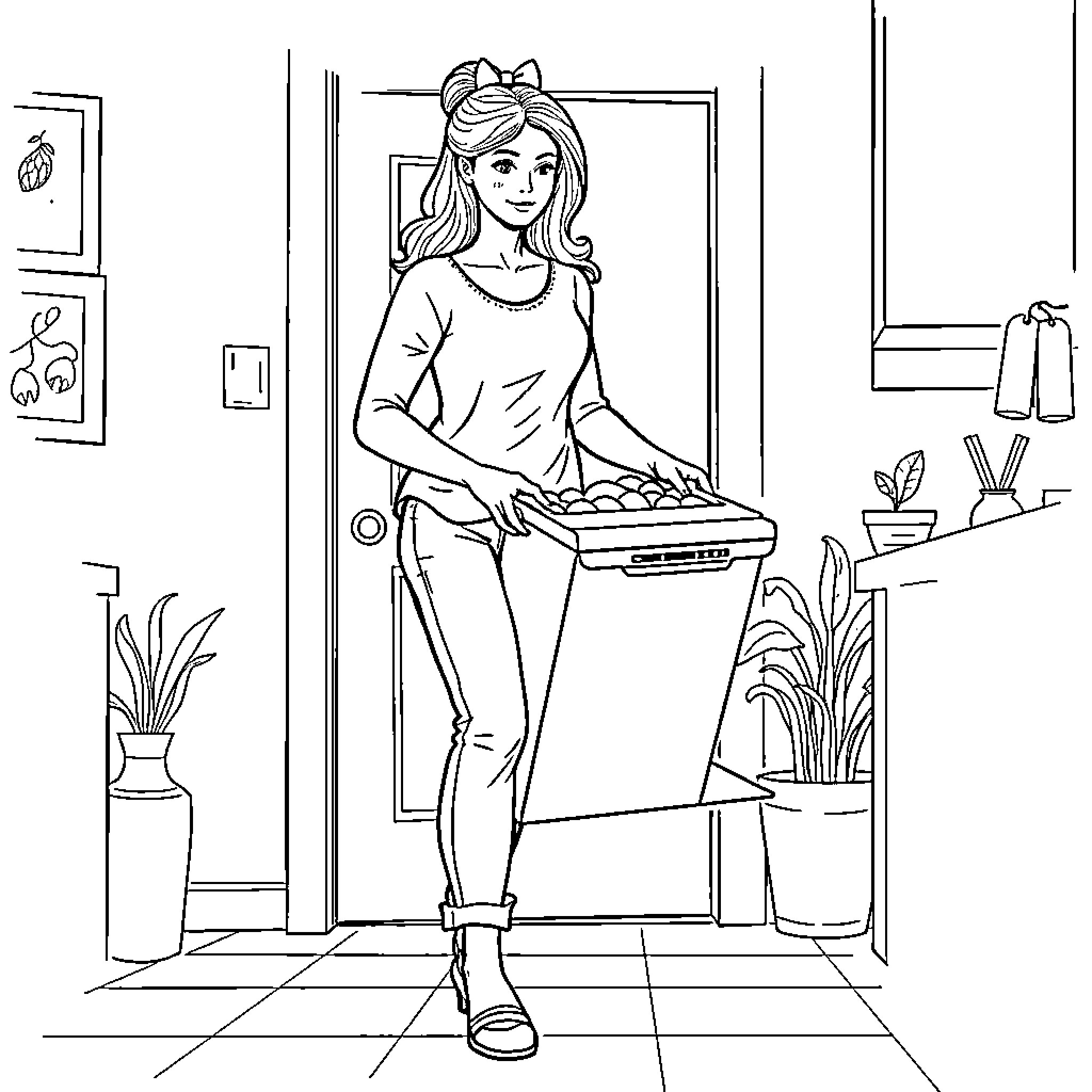 Woman baking cookies in the kitchen Coloring Page (free black-and-white line drawing printable PDF for all, from beginners to advanced learners, including children, teens, adults, and seniors)