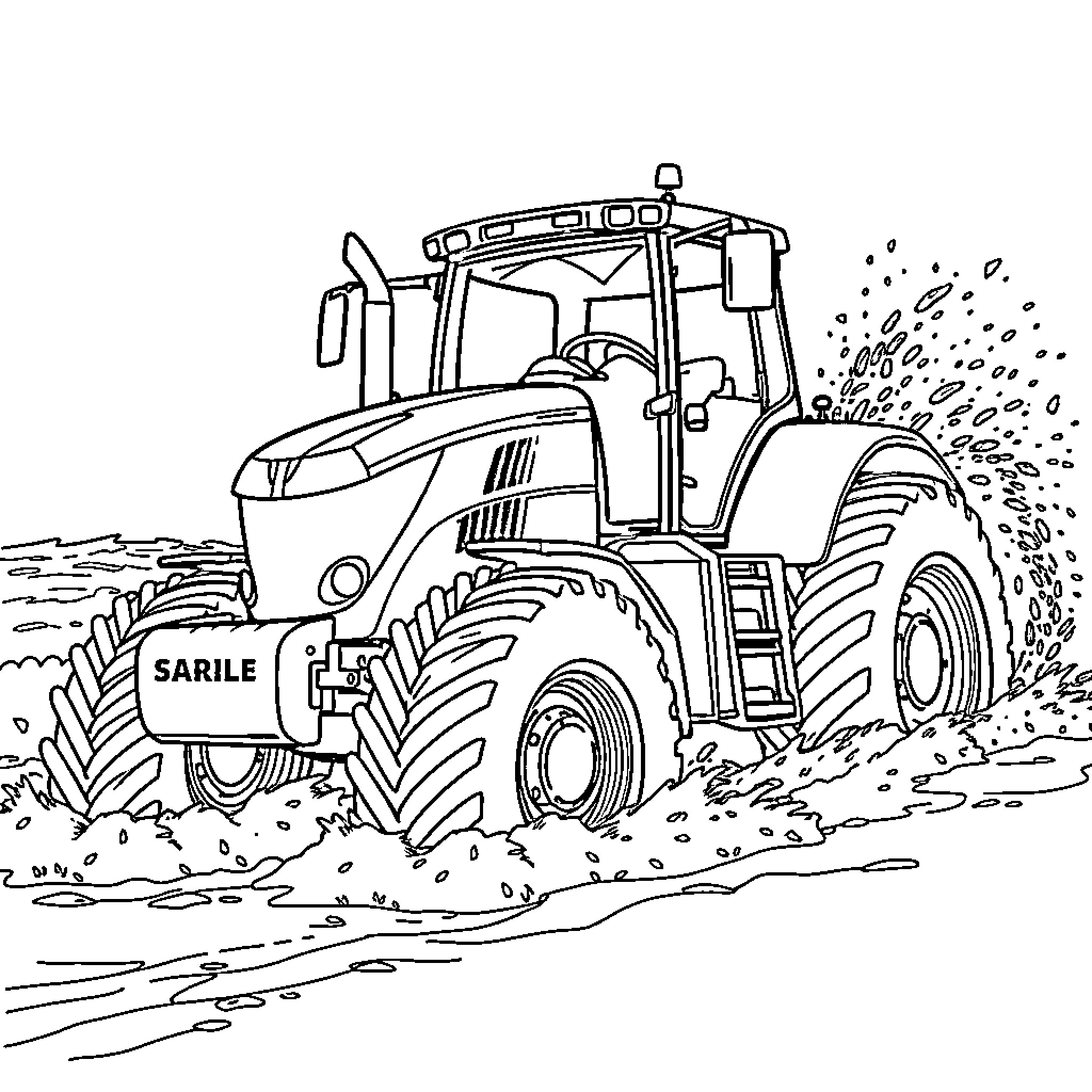 Tractor plowing through muddy field Coloring Page (free black-and-white line drawing printable PDF for all, from beginners to advanced learners, including children, teens, adults, and seniors)