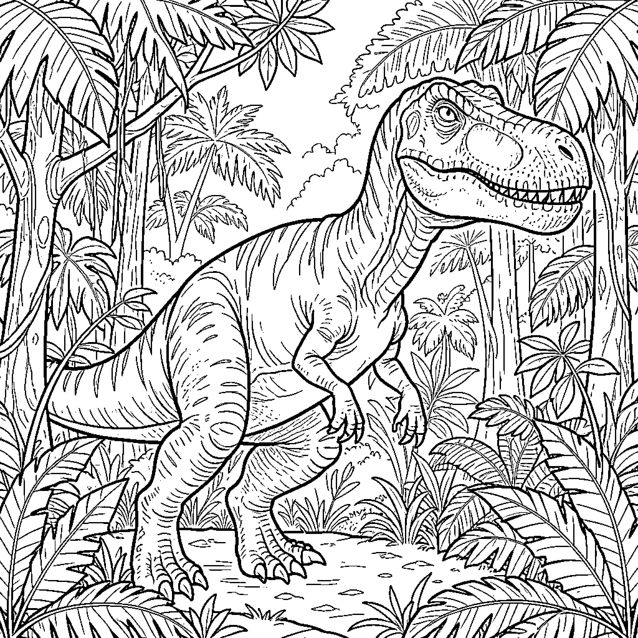 Dinosaur in a Lush Jungle Landscape Coloring Page (free black-and-white line drawing printable PDF for all, from beginners to advanced learners, including children, teens, adults, and seniors)