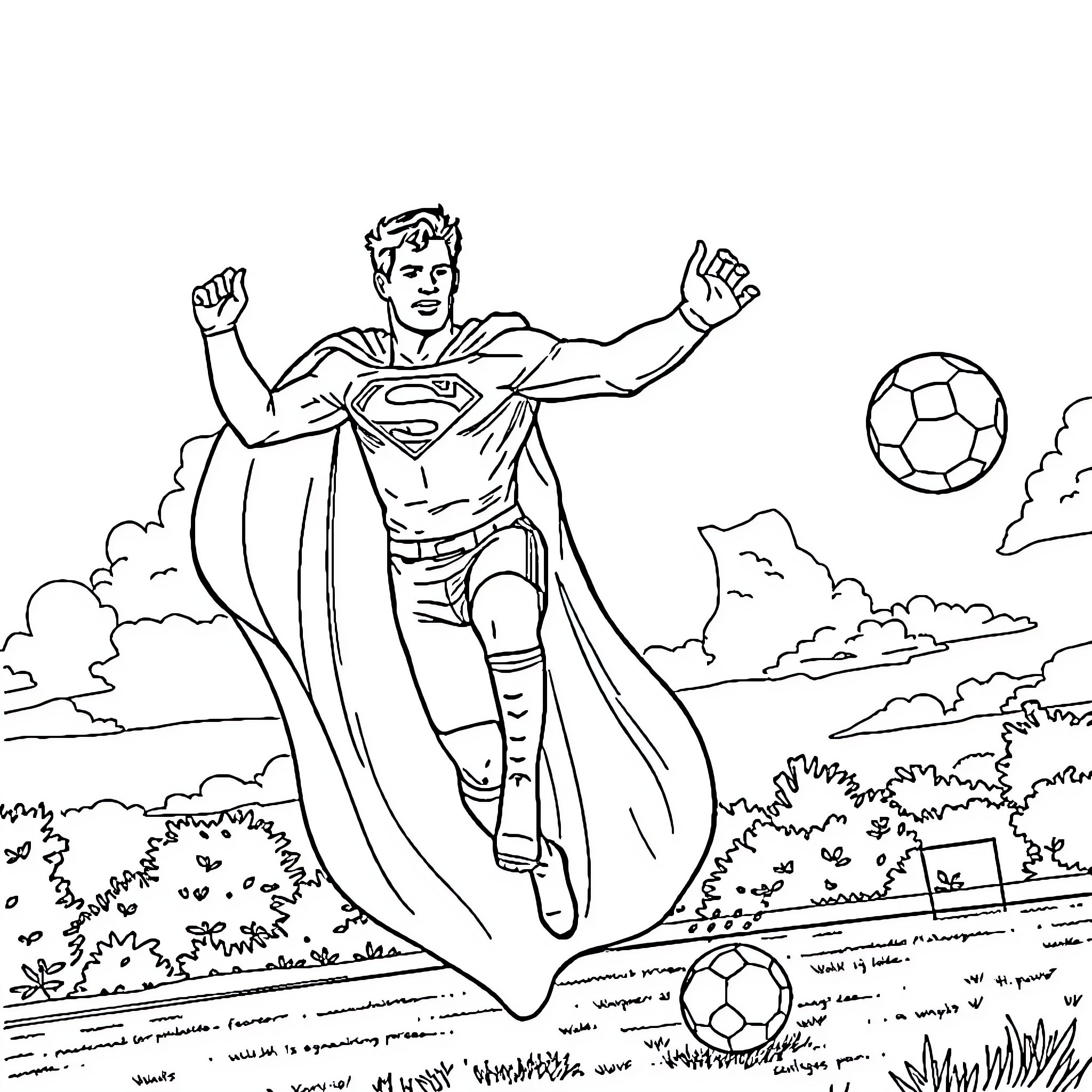 Superman flying with soccer balls in the sky Coloring Page (free black-and-white line drawing printable PDF for all, from beginners to advanced learners, including children, teens, adults, and seniors)